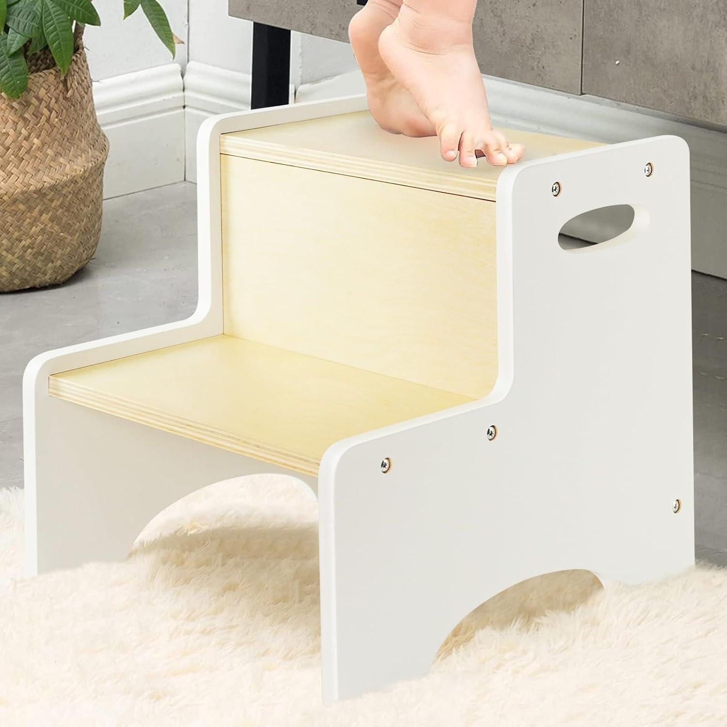 WOOD CITY Kids Step Stool for Toddler, Wooden White-Natural Patchwork Two Step Children’s Stools with Handles, Bonus Non-Slip Pads for Safety, Bathroom Potty Stool & Kitchen Step Stools Dual Height