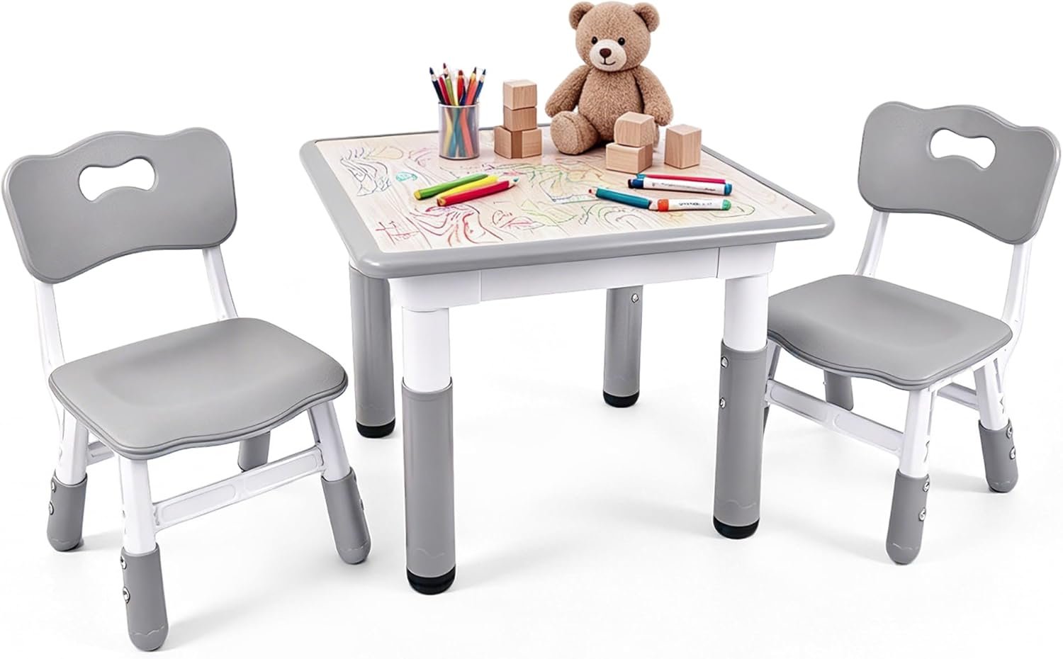 Pterying Toddler Table and Chair Set, Graffiti Tabletop, 2 Chairs, Grey | Adjustable Height, Ages 2-8, for Home Preschool Daycare Drawing Eating Learning and Playing
