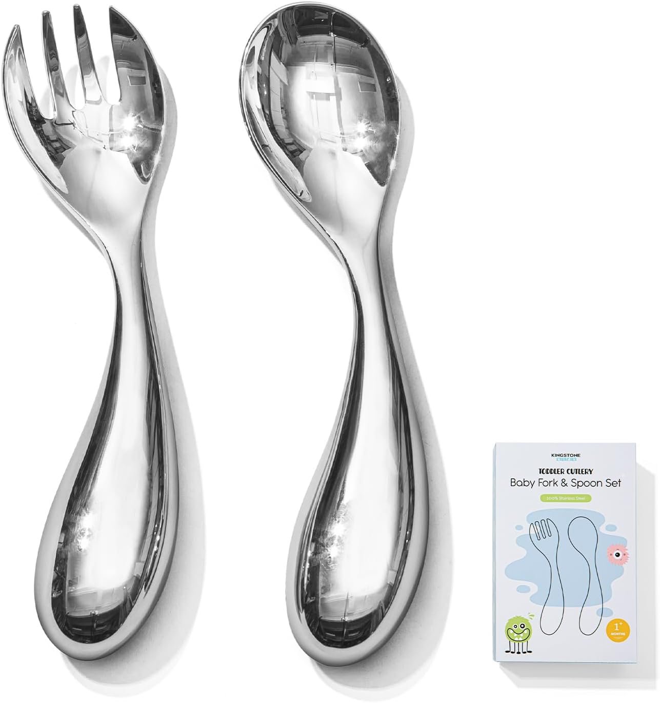 KINGSTONE Toddler Utensils Set, 18/10 Stainless Steel Kids Silverware Set with Curved Handle, All-Metal Baby Fork and Spoon, Safe Children’s Flatware, Dishwasher Safe, Mirror Polished (2-Piece)