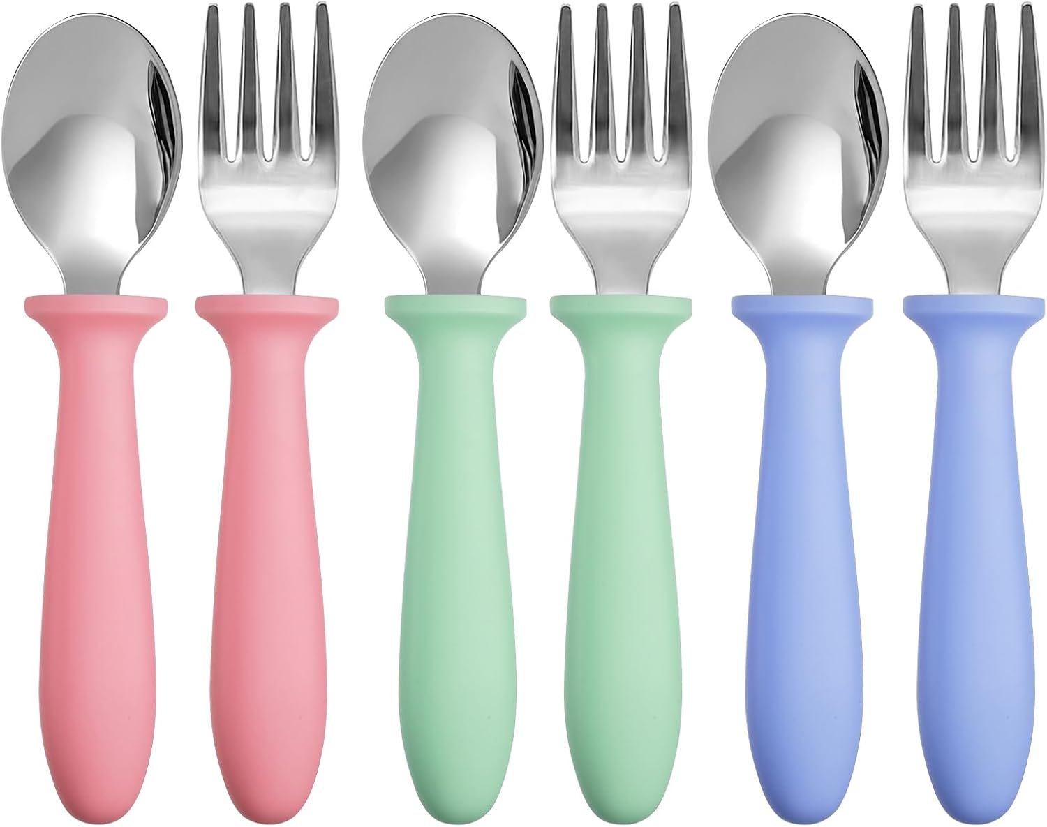 Pimoys Toddler Utensils Set, 6-Piece Kids Fork and Spoon Set | Stainless steel with plastic handles, rounded edges, toddler-size, dishwasher safe, 3 forks and 3 spoons