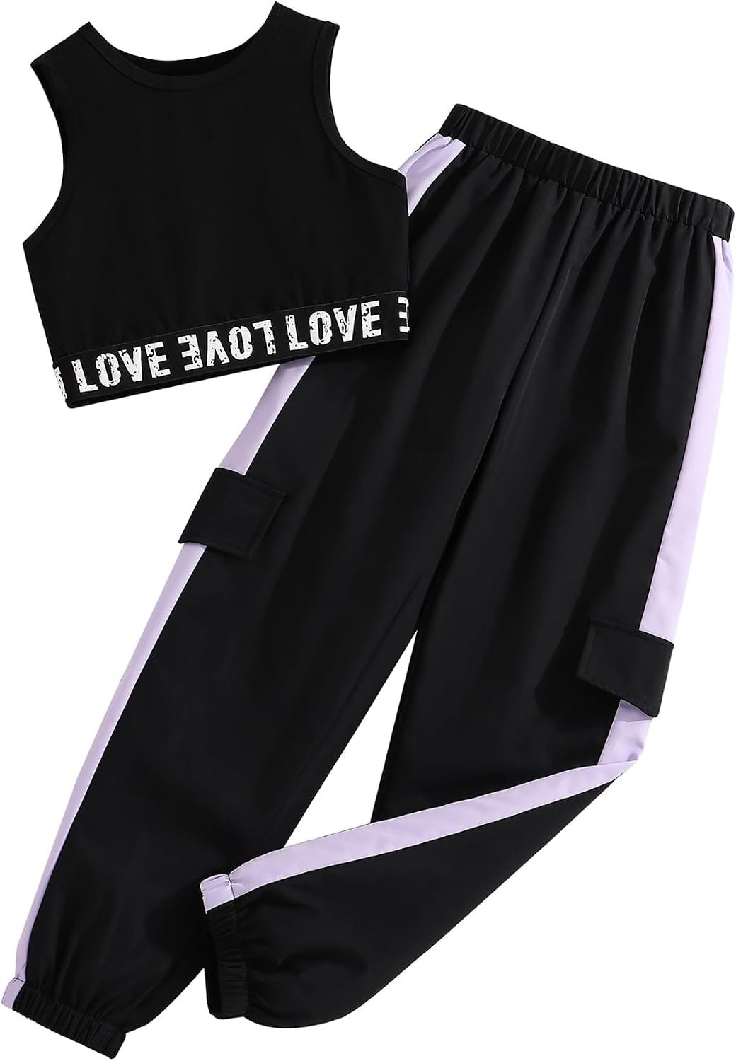 Girls 2 Piece Outfit Sleeveless Crop Tank Top Cargo Pants Set 7-14Y | Hip Hop Dance Outfit, Basic Tank Top and Jogger Pant Sets Streetwear Clothes for Tween Girls