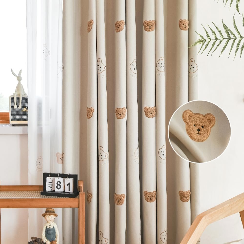 Cartoon Embroidery Bears Blackout Curtains for Bedoom Living Room Grommet | Beige 3D Bear Darkening Window Treatments for Room Window Privacy and Shading Decor 1 Panel (Beige, W42 L84 inch)