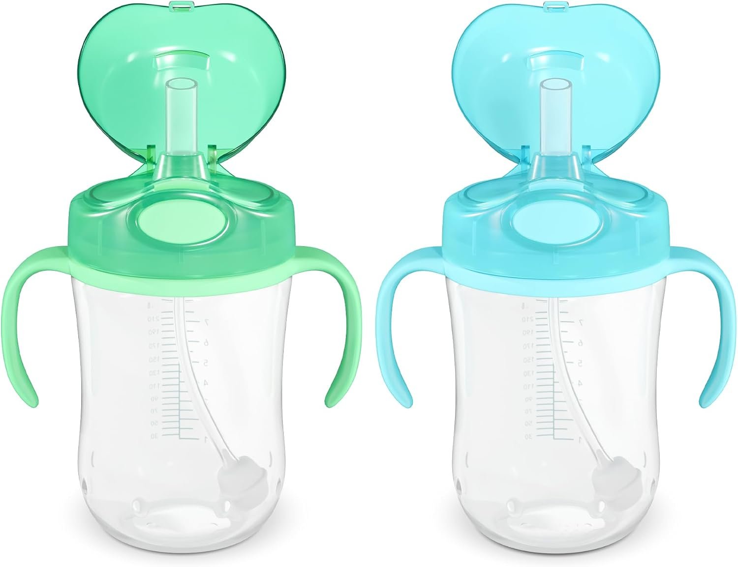 Amazon Basics Spill Proof Dishwasher Safe Silicone Weighted Straw Sippy Cup with Removable Handles, BPA Free, 9 Ounces, Blue/Green, Pack of 2 (Previously Mama Bear)