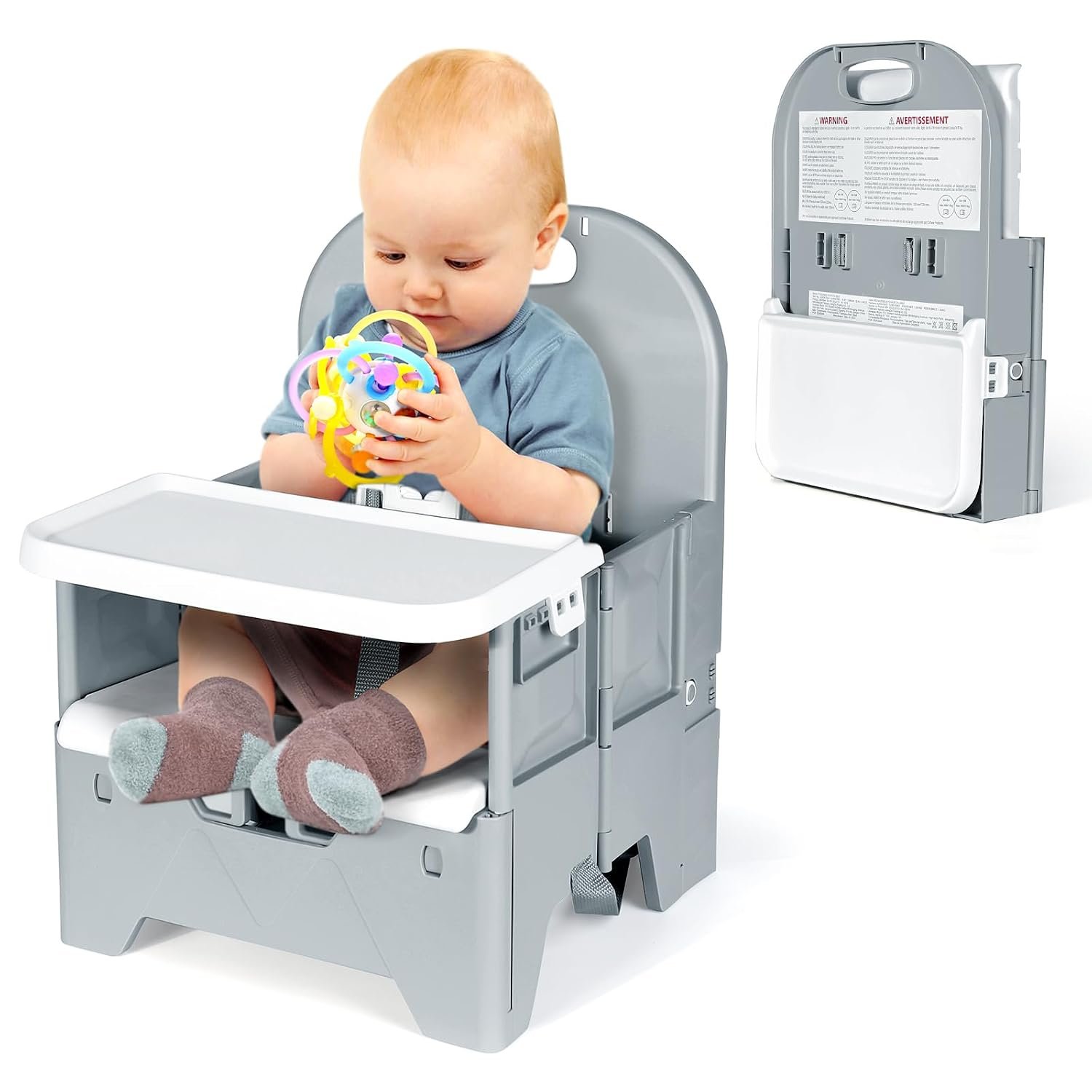 Orzbow Portable High Chair with Tray, Grey | Foldable Booster Seat, For Travel Toddlers 6-36 Months, For Dining Table, Camping, Beach