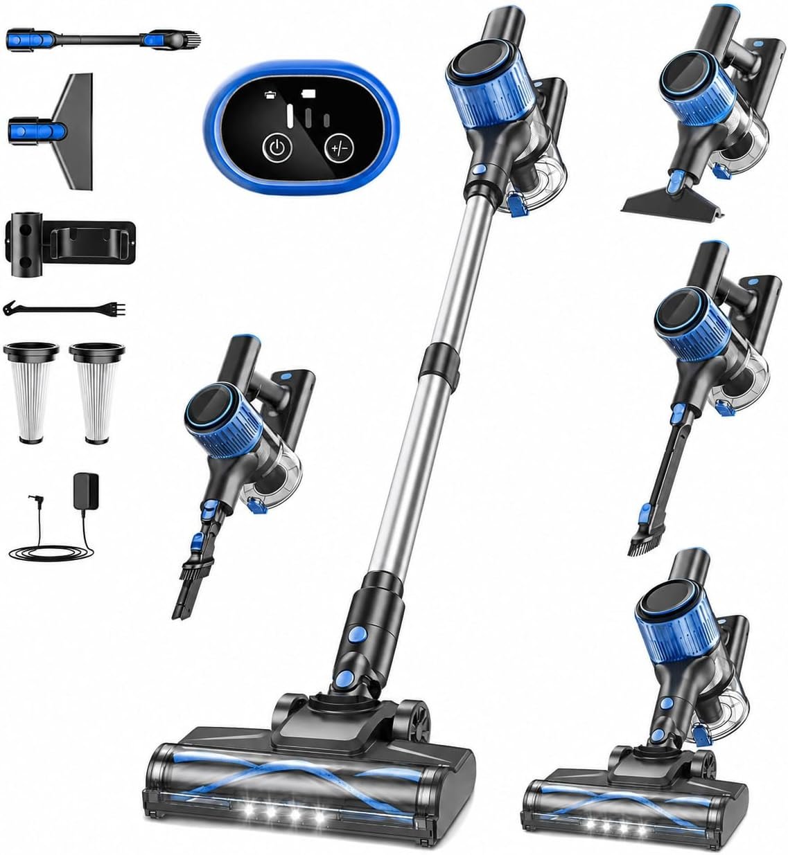 VOKENE Cordless Vacuum Cleaner, 8 in 1 Powerful Suction Lightweight Vacuum Cleaner for Home, LED Display, 3 Suction Modes, 45Mins Detachable Battery Vacuum for Hard Floor Carpet Pet Hair (Blue)