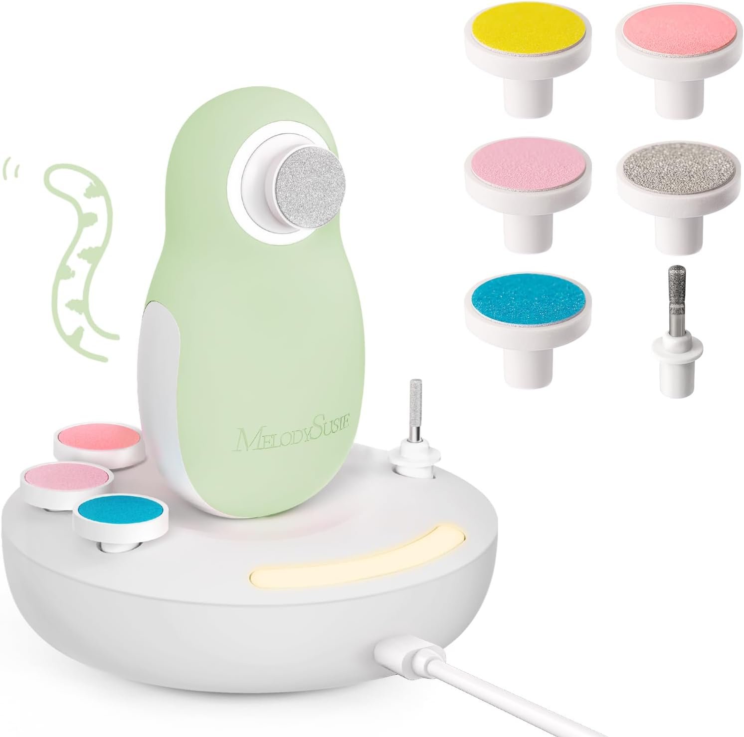 MelodySusie Baby Nail File PC20F with Night Light for Newborn Nail Care | 4 Speed Levels,35dB Operation,Auto Shutoff,Magnetic Charging Stand,6 Grinding Heads,24h+ Runtime,Cordless Use