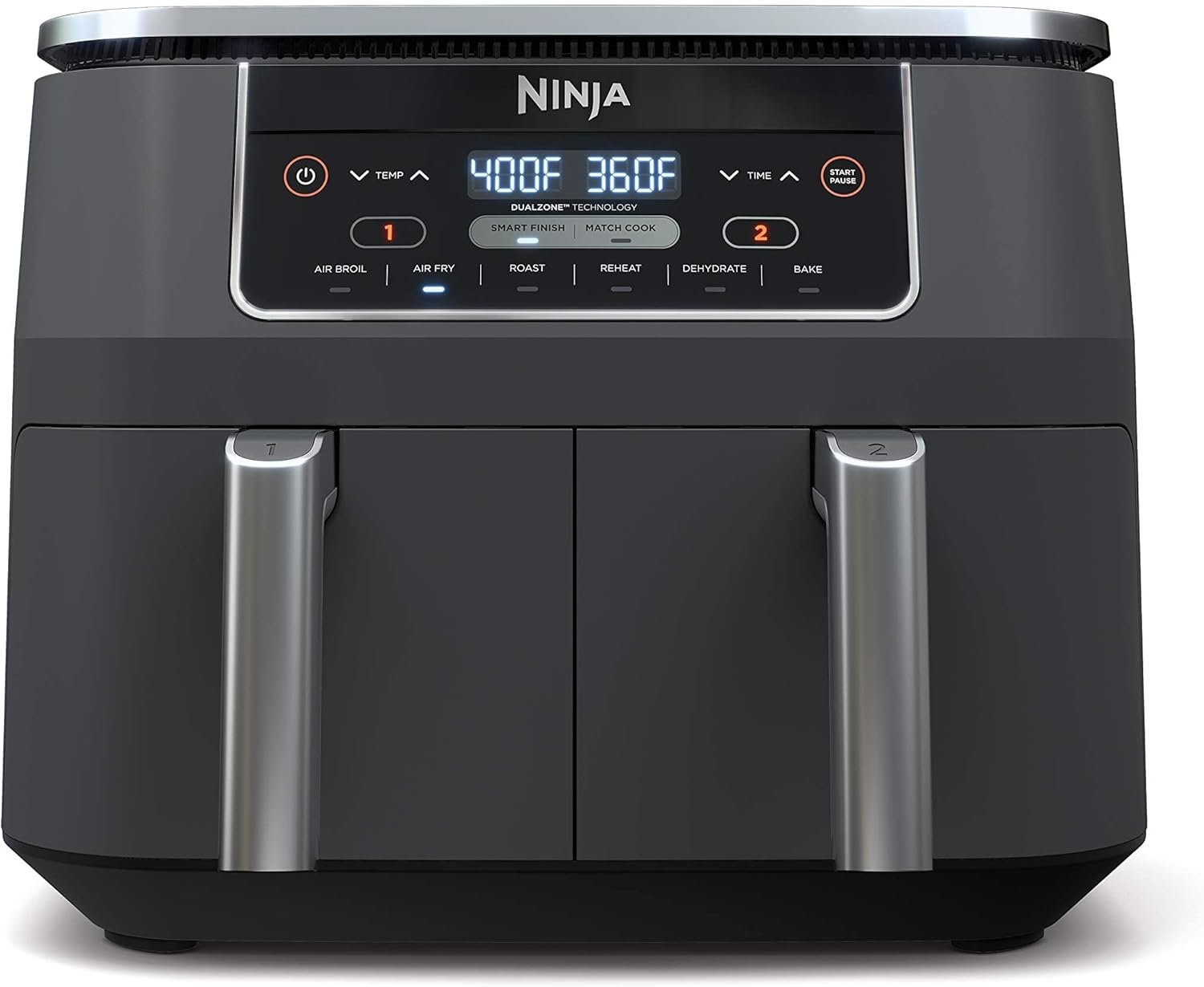 Ninja DZ201 Foodi 8 Quart 6-in-1 DualZone 2-Basket Air Fryer with 2 Independent Frying Baskets, Match Cook & Smart Finish to Roast, Broil, Dehydrate & More for Quick, Easy Meals, Grey | Air fry, roast, broil, bake, reheat, dehydrate, 2 independent baskets, Smart Finish, Match Cook