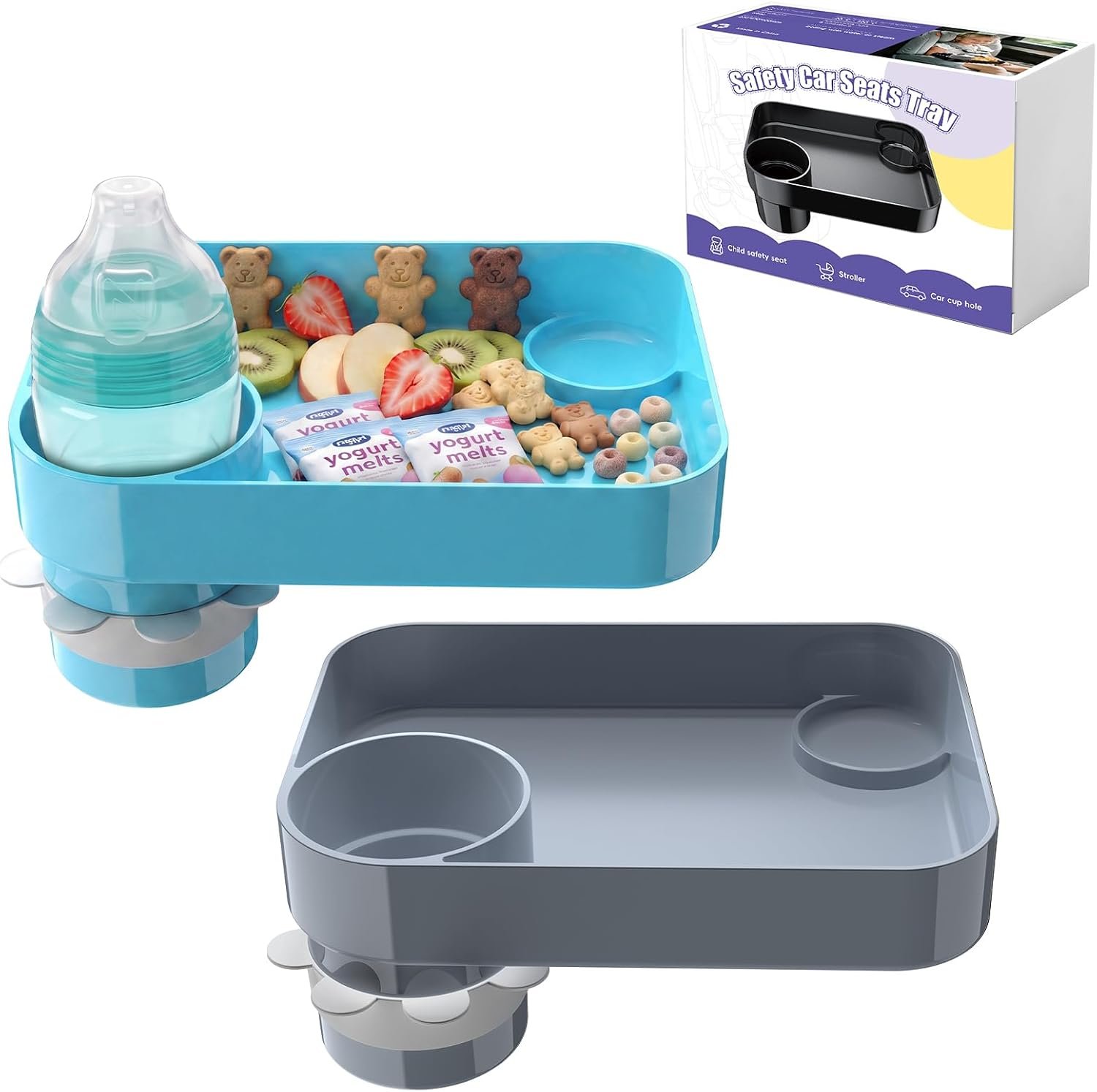 2Pack Car Seat Snack Tray for Kids, Mess-Free Square Travel Tray Cup Holder Snack Tray, Durable Car Food Tray for Toddlers, Universal Fit Kids Travel Road Trip Essentials (2, Grey+Sky Blue)