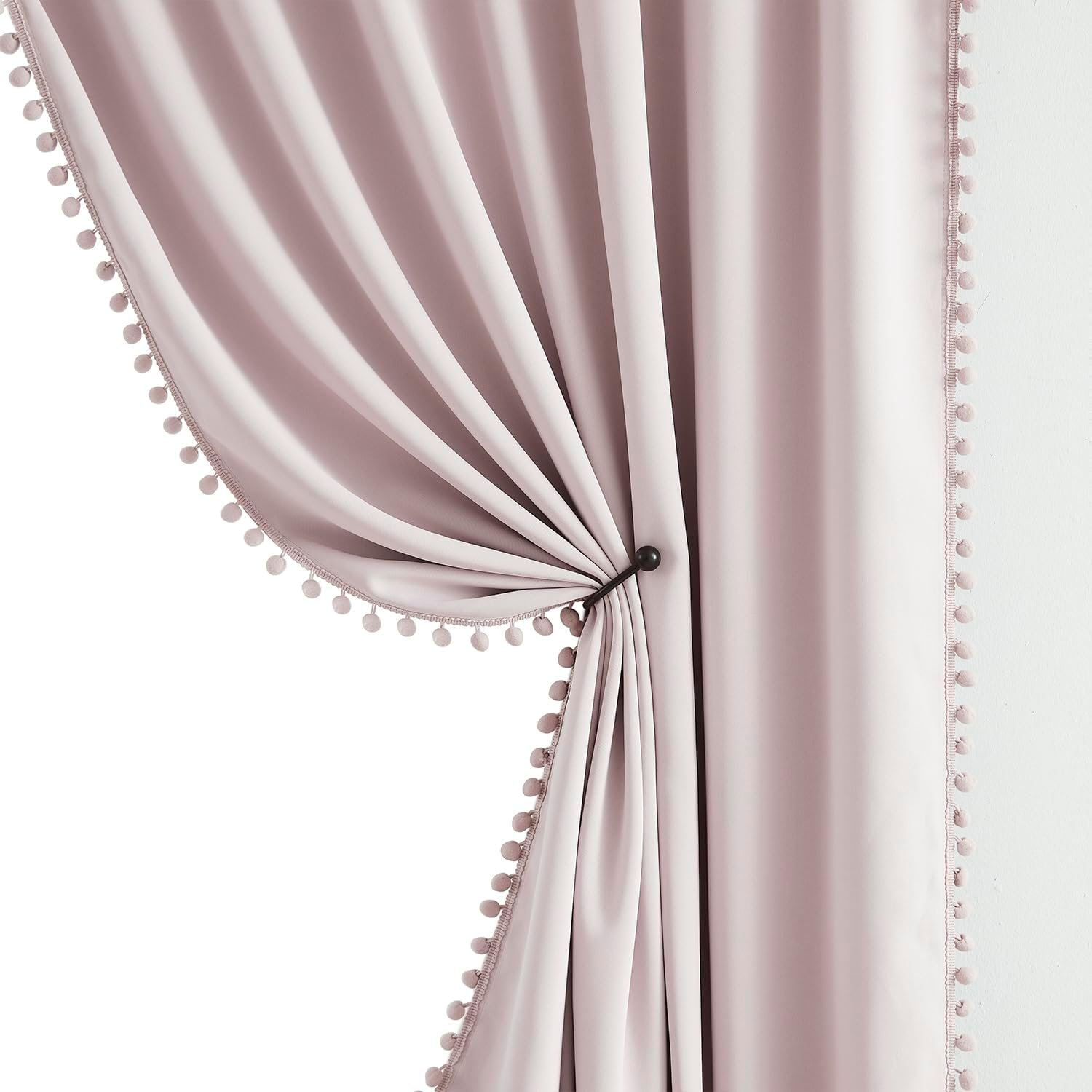 Pink Blackout-Curtains for Bedroom Pom Pom Thermal Insulated 100% Full Blackout Curtain Panels for Girls Baby Nursery Room 84 inch Energy Efficient Window Drapes for Kids 52″w x2 Panels Rod Pocket