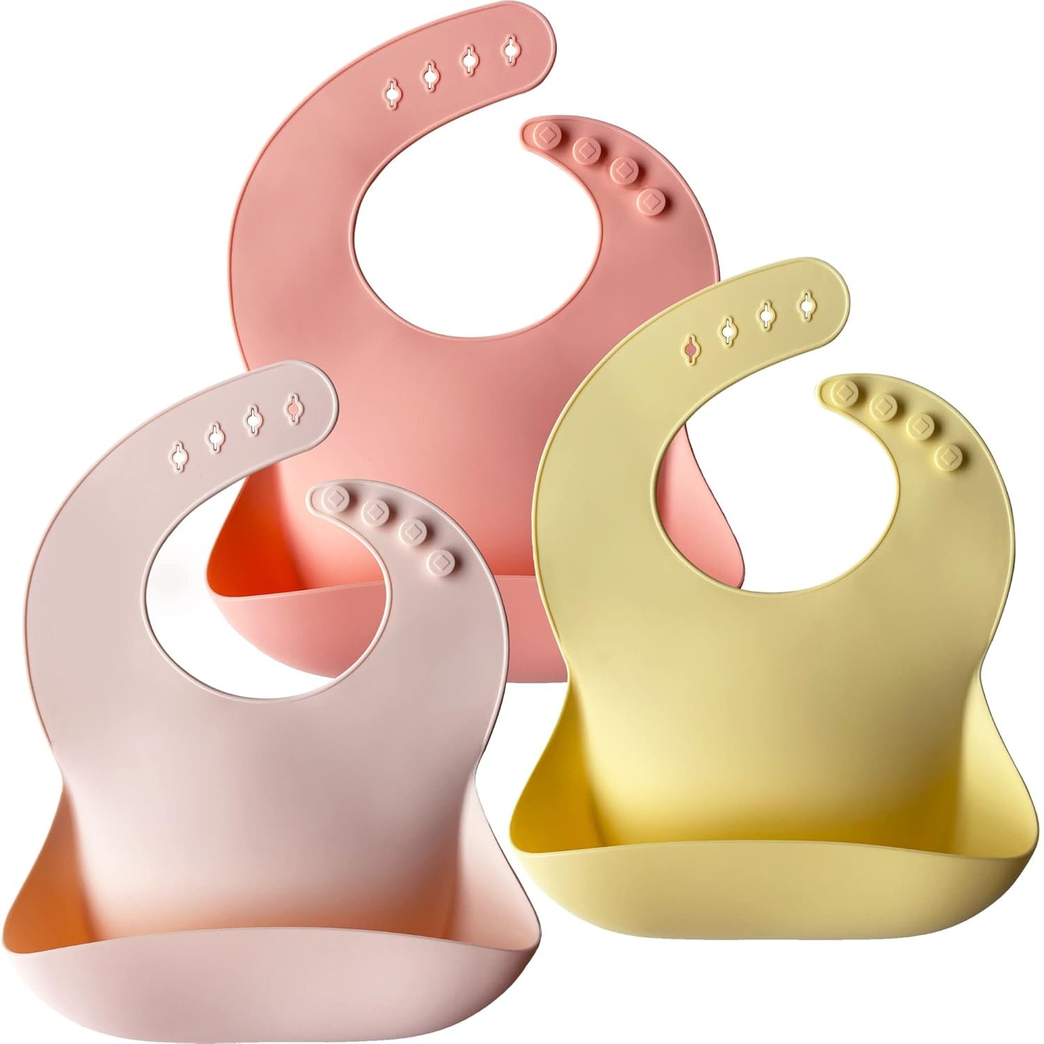 Moonkie Silicone Baby Bibs Set of 3, BPA Free Waterproof Baby Bibs for Eating, Adjustable Silicone Bibs for Babies 6-12 Months, Toddler Bibs with Pocket Food Catcher (Pink/Pastel Yellow/Soft Pink)