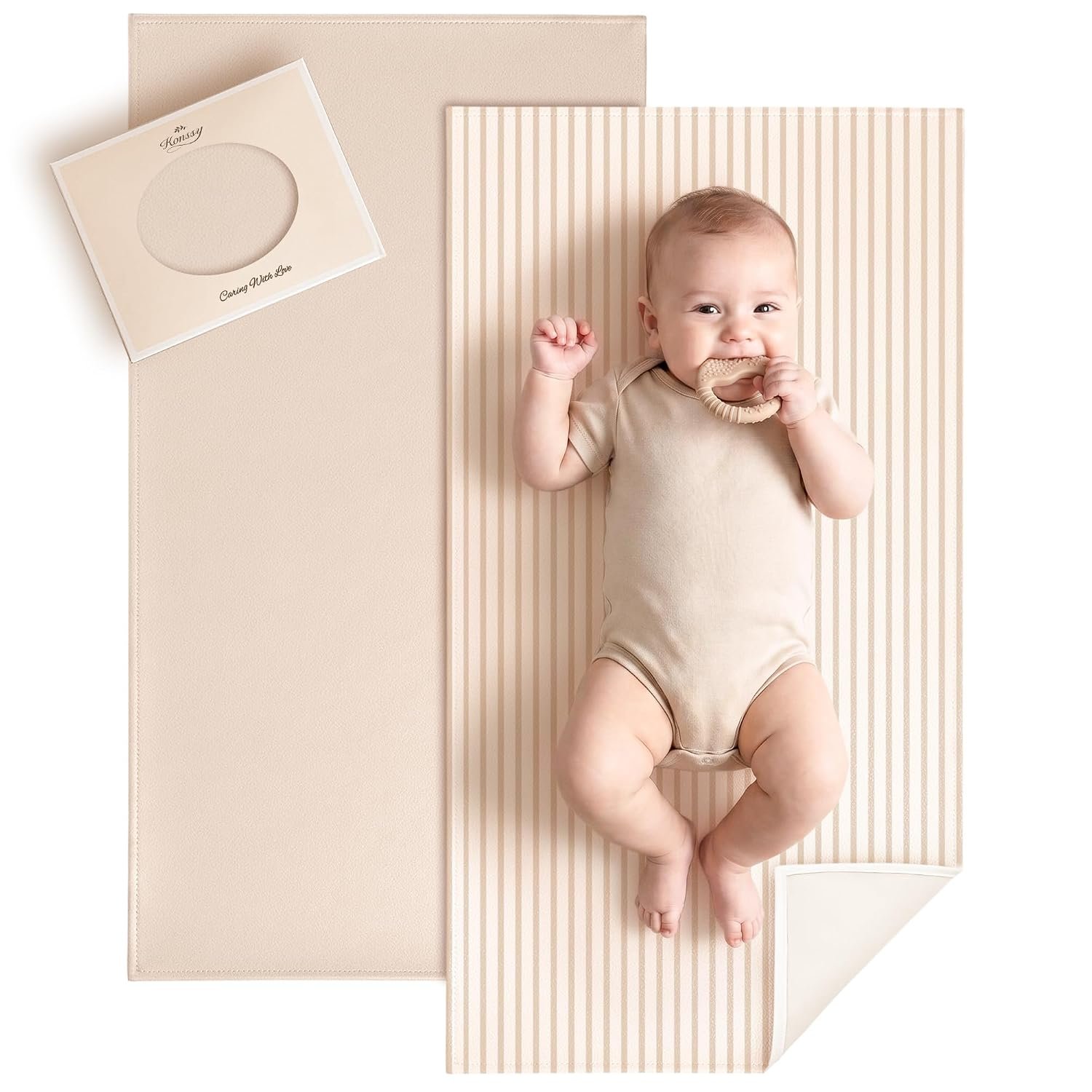 Konssy Faux Leather Waterproof Baby Changing Mat 2 Pack, Regular, 30″x17″ | Wipeable & Foldable, Portable Diaper Changing Pad, Fits Diaper Bags for Travel, Home And on-The-Go Use (Beige,Stripes)
