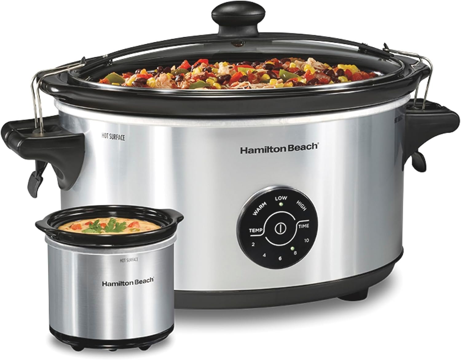 Hamilton Beach 7 Quart Stay or Go Portable Programmable Slow Cooker | 15 Cooking Options | Clip-Tight Glass Lid For Easy Travel | 20 oz Party Dipper | Dishwasher Safe Stoneware Crock | Silver