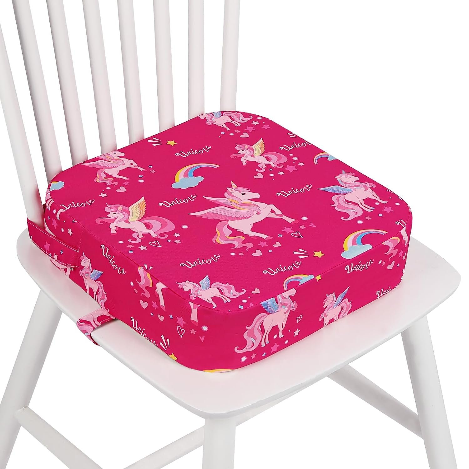 Toddler Booster Seat for Dining Table Kitchen Chair, 4″ Kid Booster Cushion | Portable Detachable Washable Increasing Cushion, Non-Slip Bottom, 2 Adjustable Straps, Unicorn