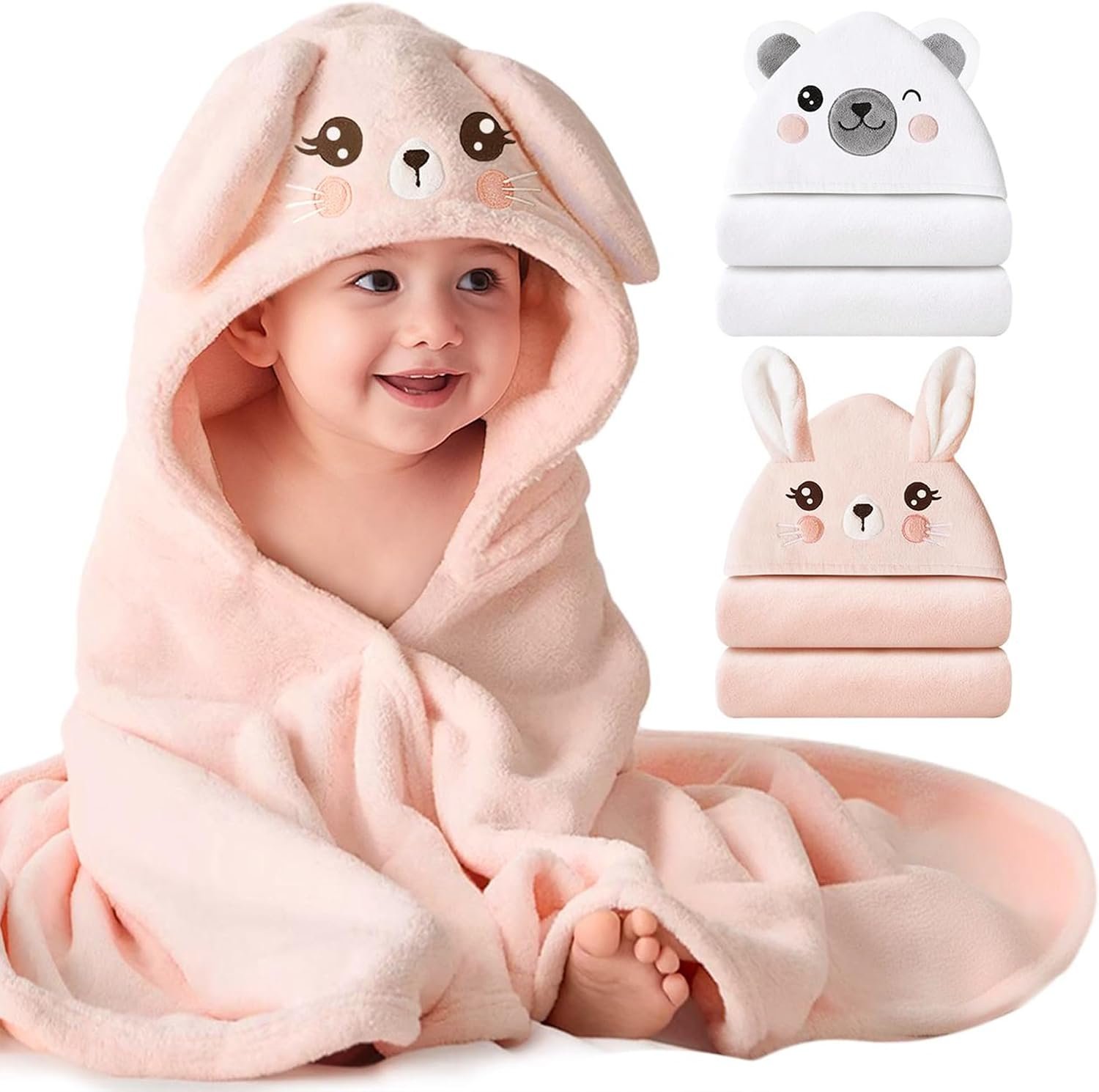 Konssy 2-Pack Hooded Baby Towels, Plush Fleece Animal Bath Towel with Hood | 32 x 32 In, Soft & Absorbent Plush Fleece, Bath Set for Newborns, Toddlers, Infants, Boys and Girls (Pink Rabbit,bear)