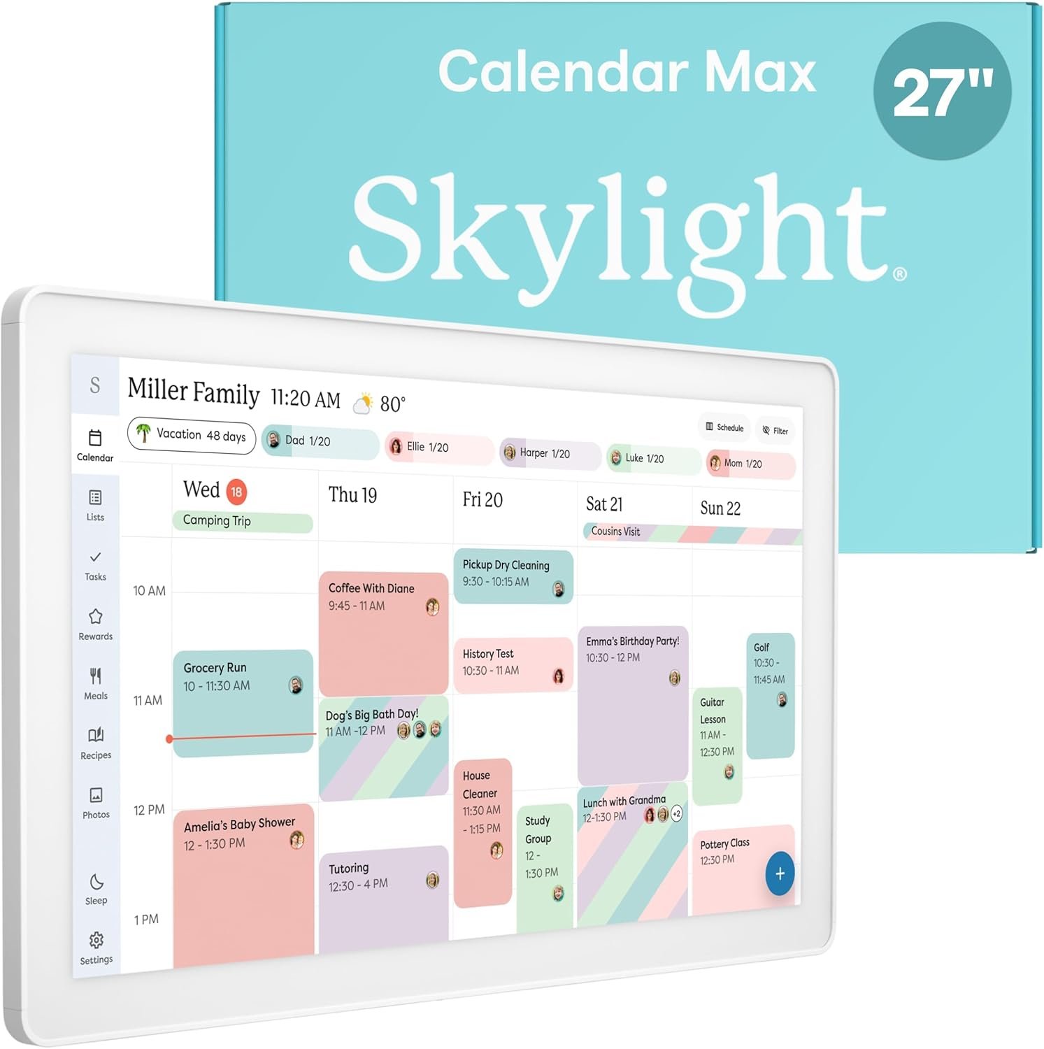 Skylight Calendar Max: 27-Inch Smart Digital Calendar & Chore Chart, Family Organizer with Interactive Touchscreen Display – Wall Mountable in Portrait or Landscape, Classic White Frame