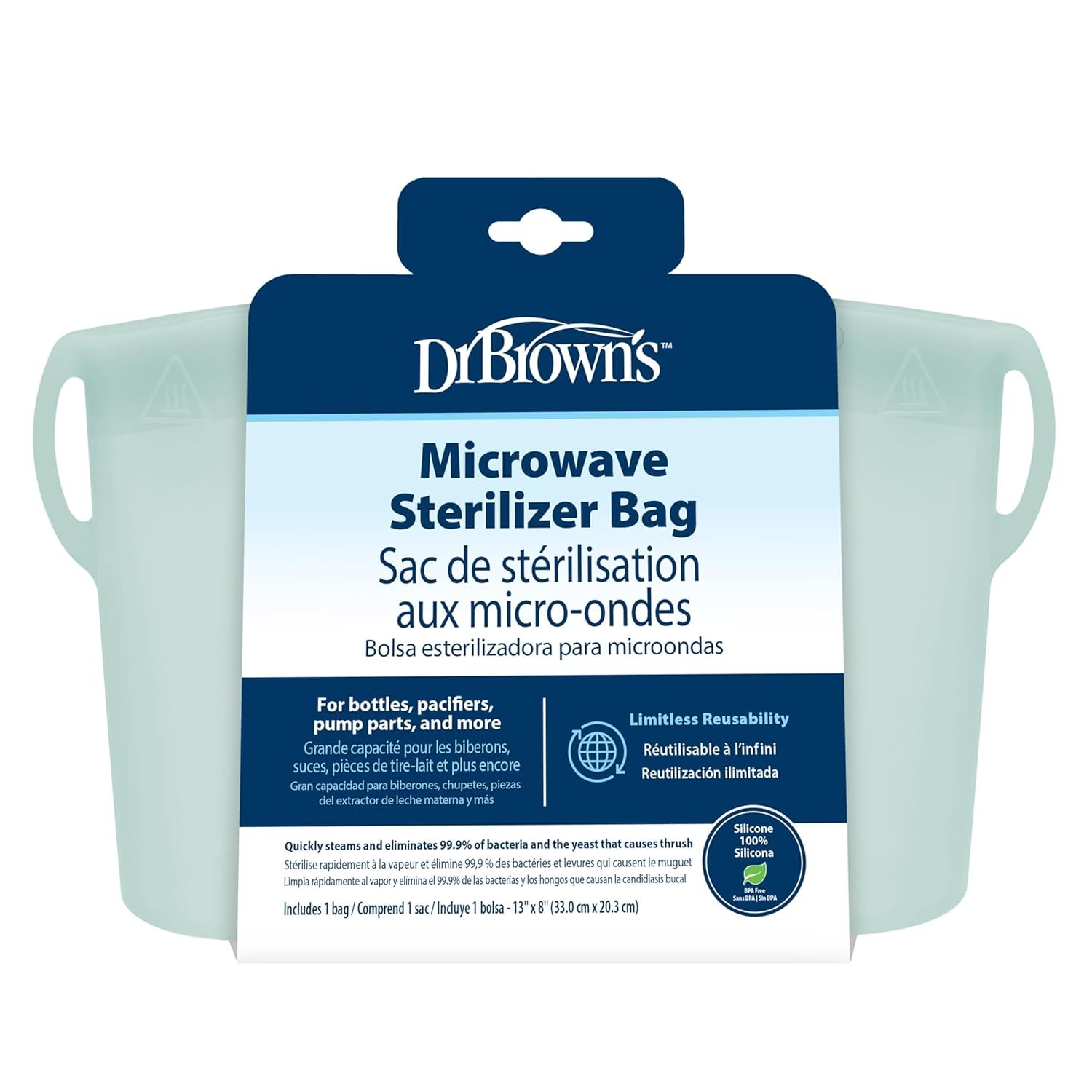 Dr. Brown’s Microwave Steam Sterilizer Bag for Baby Bottles, Breast Pump Parts & Other Toddler Accessories, 100% Silicone, Reusable Sterilizing Bag