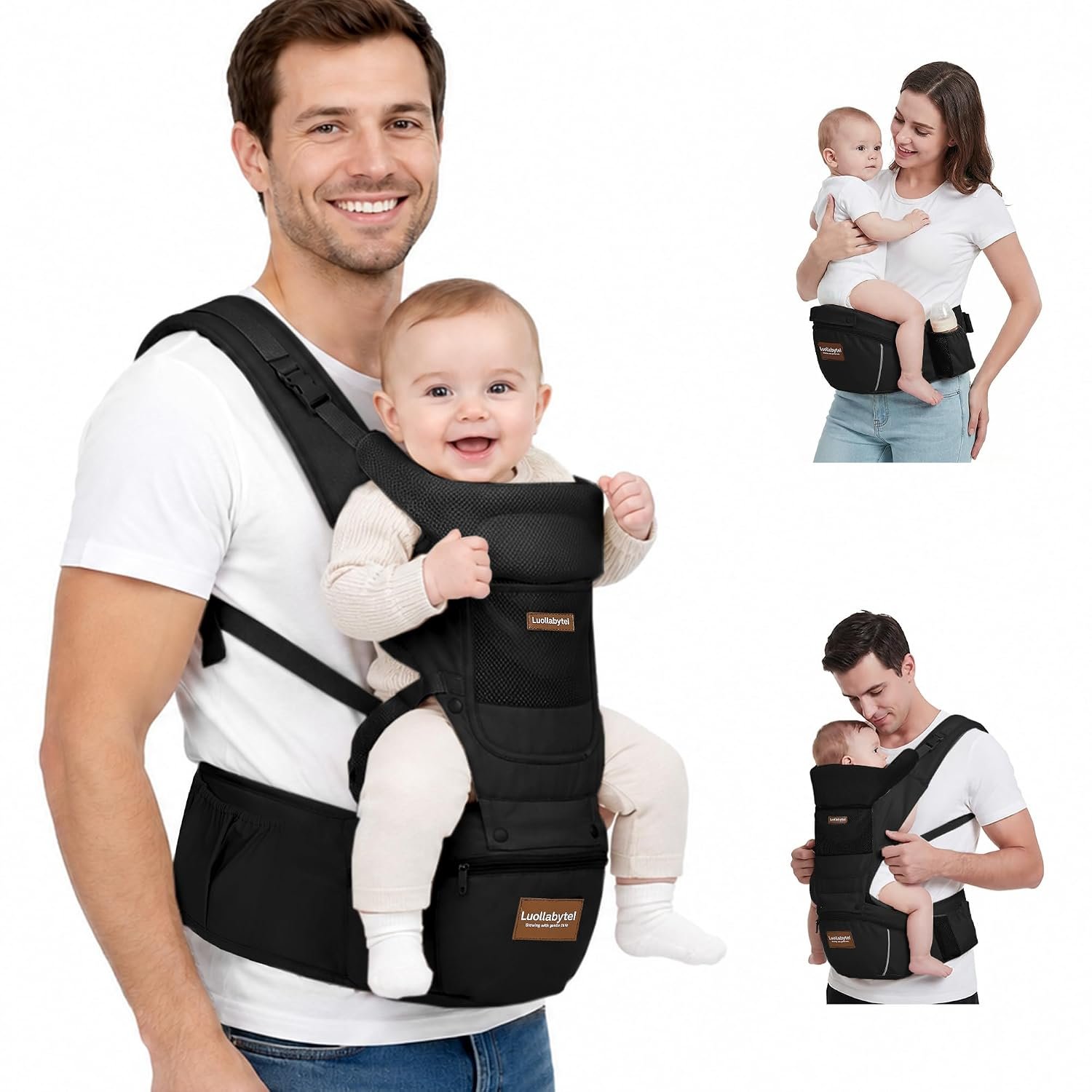 Baby Carrier with Hip Seat, Ergonomic 6-in-1 Infant Carrier for Newborn to Toddler, Adjustable Baby Holder with Head Support for Dad, Black