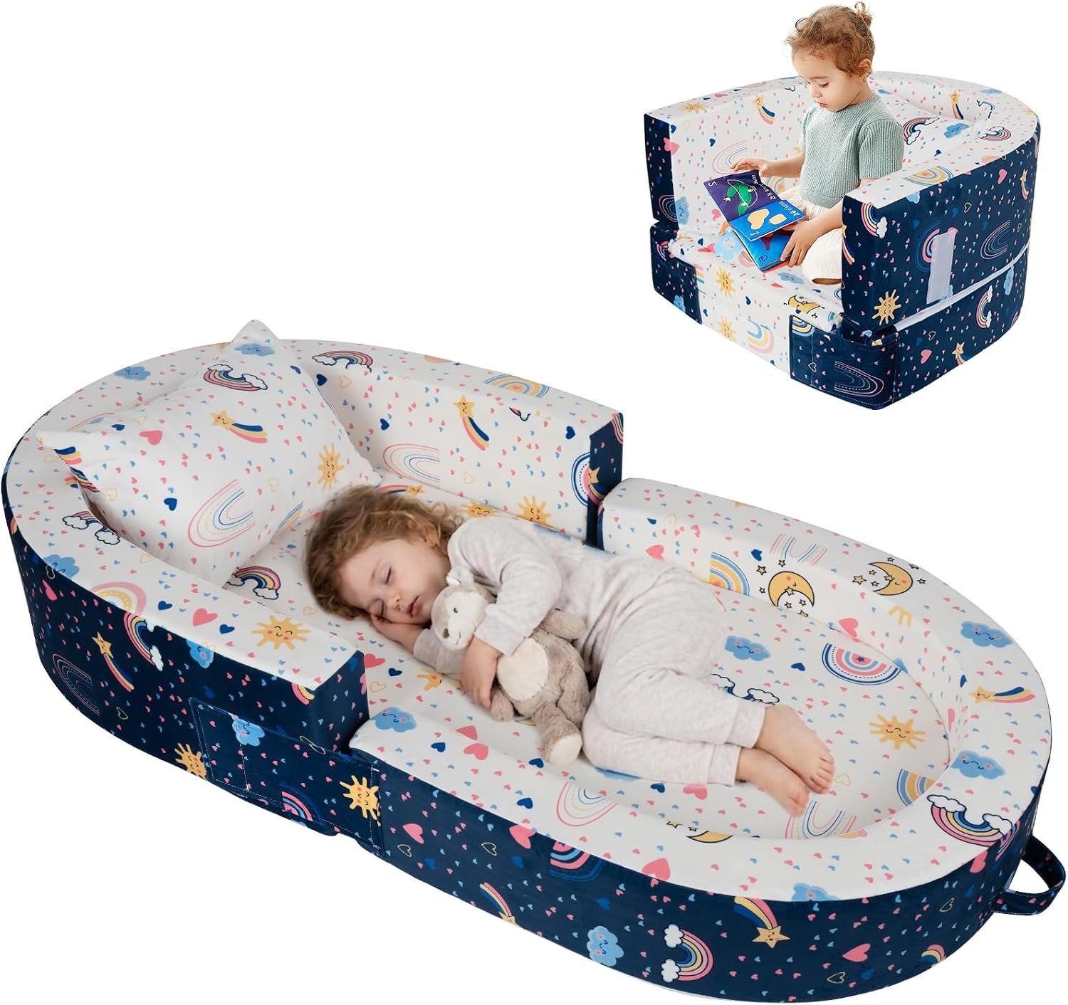 2-in-1 Toddler Travel Bed, Portable Foldable Toddler Floor Bed Converts to Soft Sofa, Kids Travel Couch with Removable Washable Cover, Ideal for Camping, Picnic, Hotel & Sleepovers