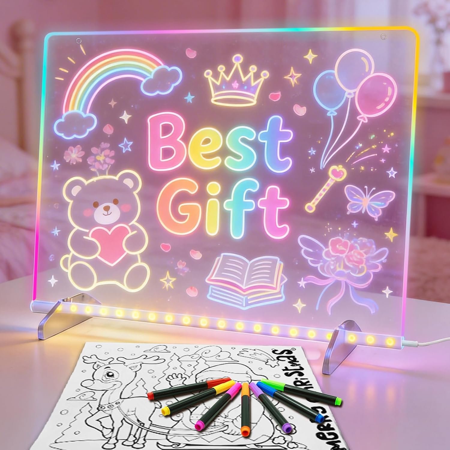 LED Note Board with 7 Colors 6 Light mods, 13″x10″ Led Drawing Board for Kids, with 7 Markers, Soft Cloth, Hanging Chain-Gift for Ages 5-12 Year Old Girl – Little Kids Art & Craft Gifts