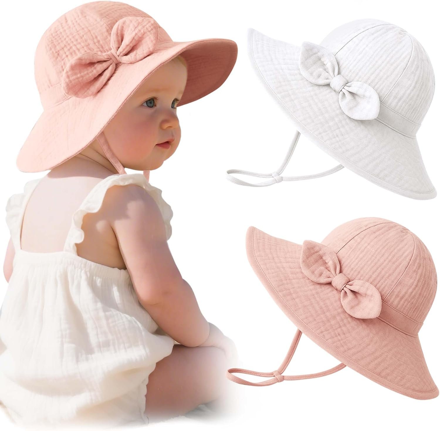 Konssy 2-Pack Muslin Baby Sun Hats for Girls with Bows, UPF 50+