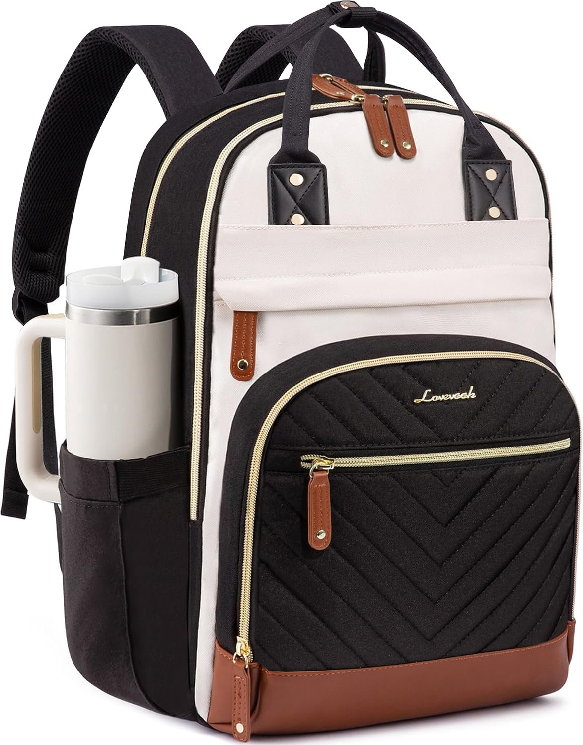 LOVEVOOK Laptop Backpack Women with Giant Tumbler Holder,15.6 inch Waterproof Work Travel Backpack Computer Laptop Bag,Cute College Nurse Teacher Backpack Purse,Gifts for Women & Men,Beige-Black-Brown