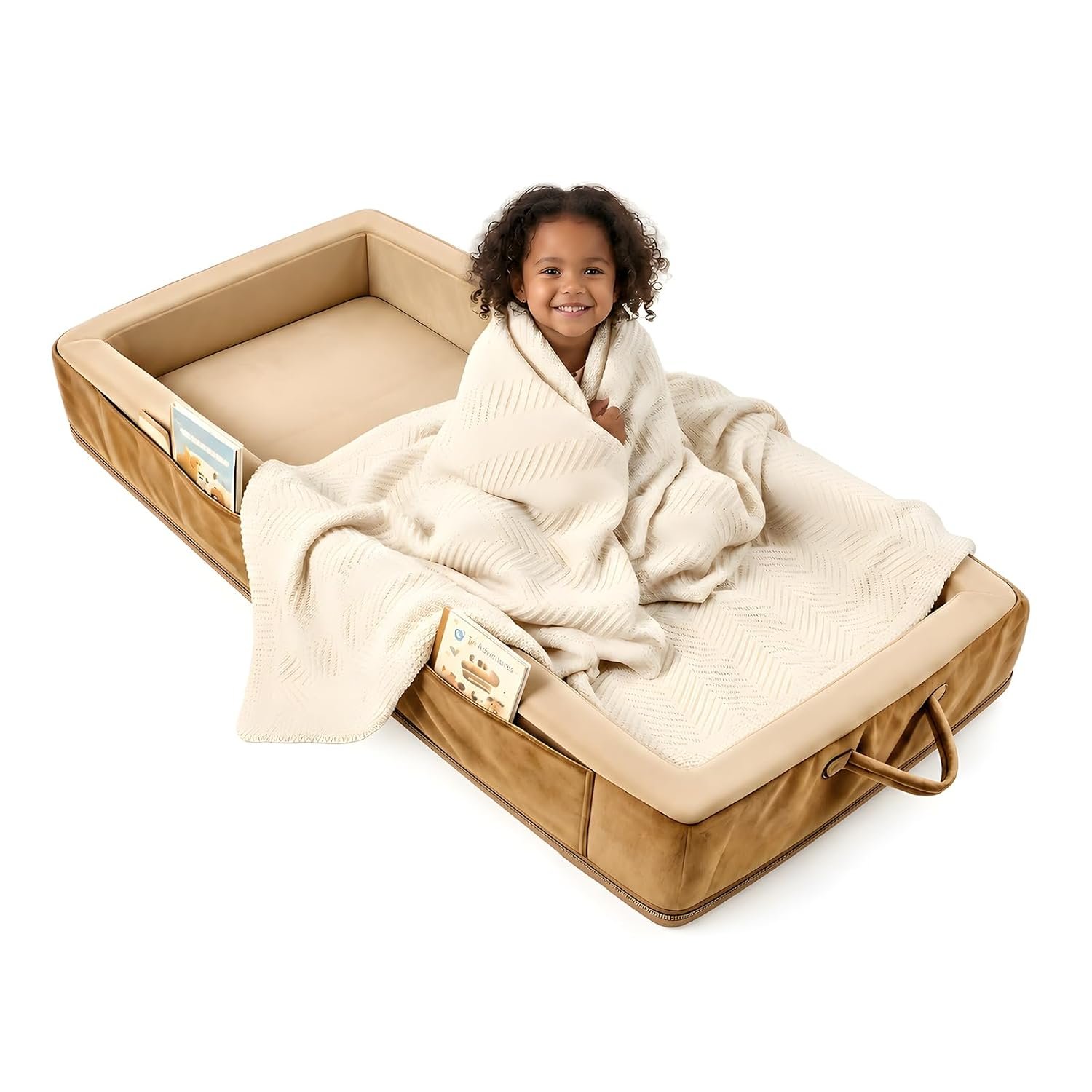 Beantown Toddler Portable Travel Bed – Foldable & Washable Floor Bed, Beige | No Assembly, Comfortable Mattress Used for for Camping, Hotels & Overnight Stays, SD02