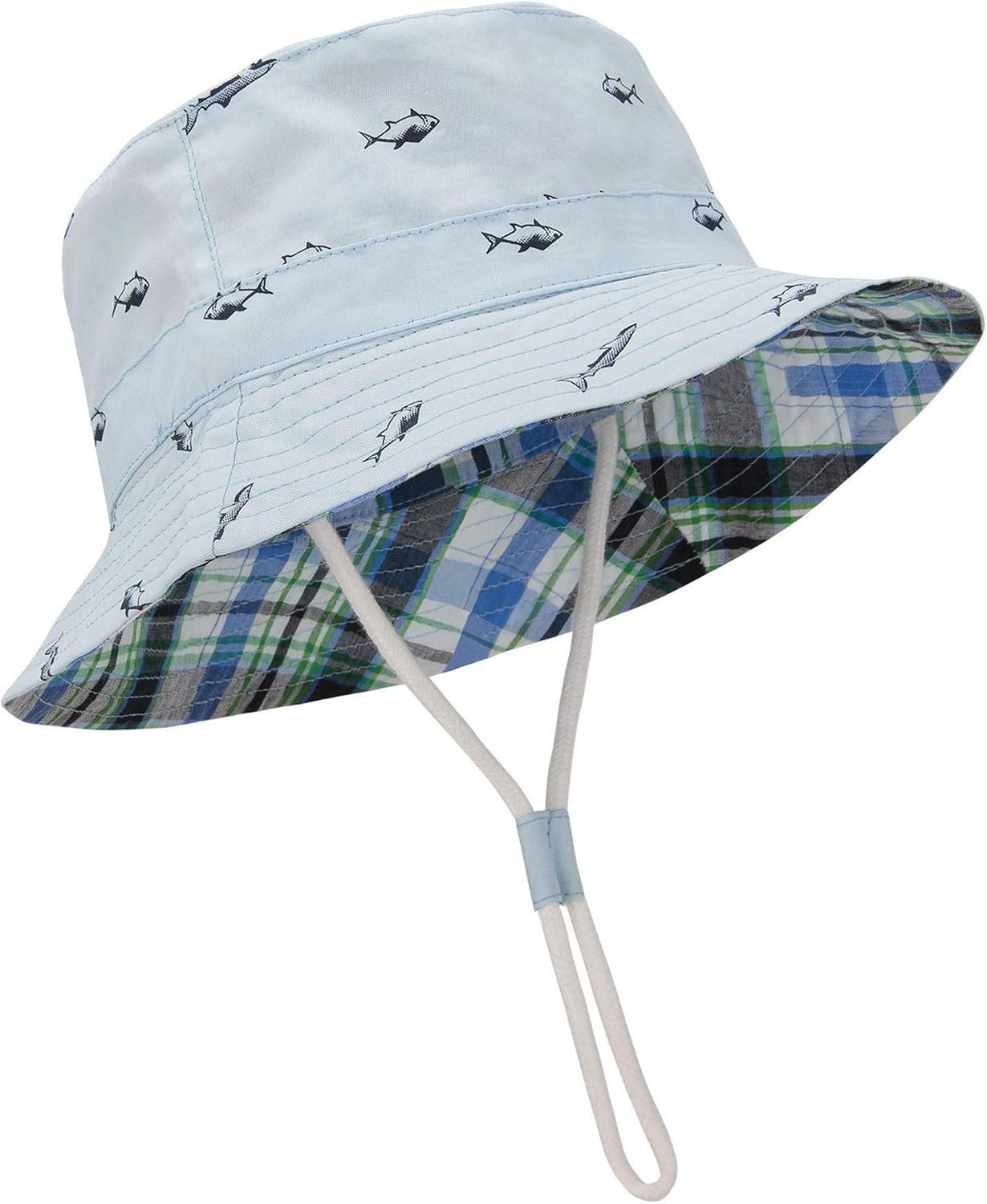 Durio UPF 50+ Baby Sun Hat Wide Brim Toddler Bucket Hats for Boys 0-8 Years | Lightweight Summer Sun Protection for Beach, Park, Travel, School, Daycare, Adjustable Chip Strap, Cotton Plaid Lining