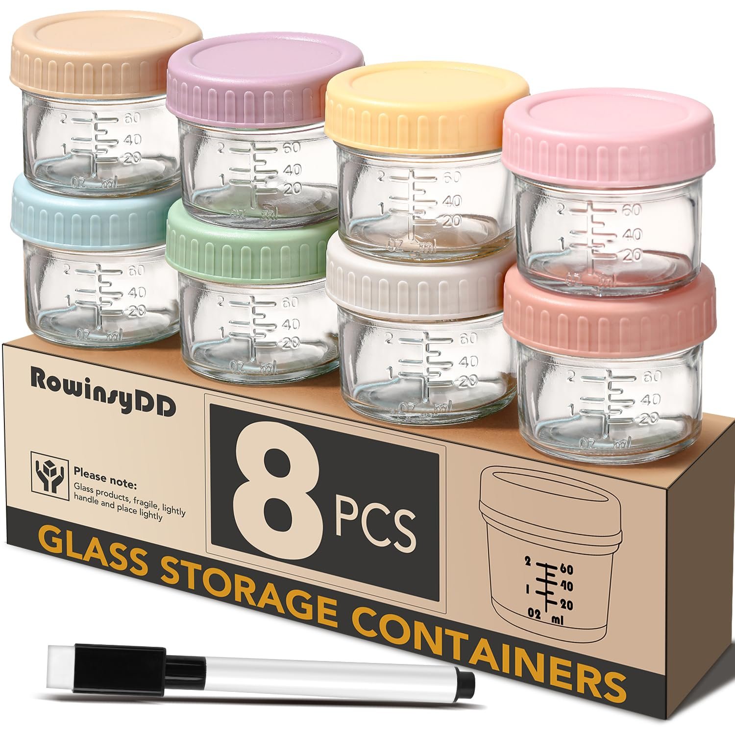 RowinsyDD 8 Pack Glass Baby Food Storage Containers, 2 oz Leakproof Baby Food Jars with Lids, Small Glass Food Containers for Infant Baby, Freezer Safe