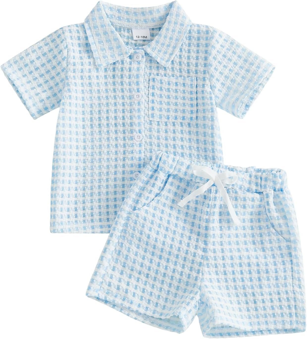 BemeyourBBs Toddler Baby Boy Summer Clothes Button Down Shirt Shorts Set | Toddler Baby Boy Summer Outfit, Button Down Short Sleeve Shirt Shorts Set with Pocket 2 Piece Outfits, for Beach, Vacation