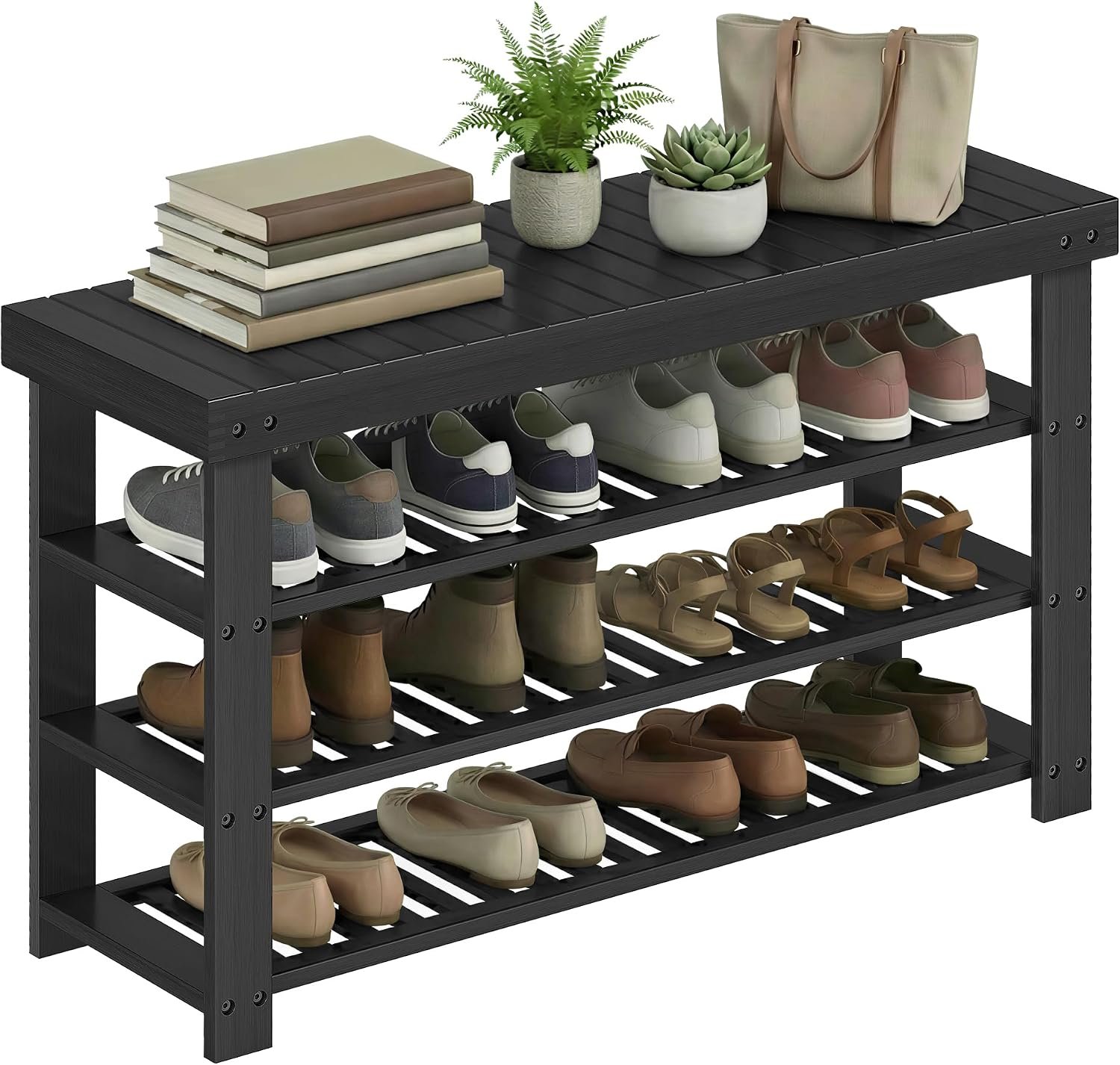 SONGMICS Shoe Rack Bench, 4 Tier Bamboo Shoe Storage Organizer, Entryway Bench, for Living Room, Bathroom, Bedroom, 11.3 x 35.2 x 20.5 Inches, Ink Black ULBS390BH01