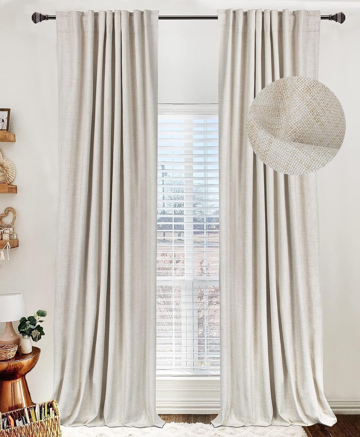 100% Blackout Shield Linen Textured Total Blackout Curtains for Bedroom 84 Inches Long, Back Tab/Rod Pocket Living Room Drapes, Thermal Insulated Blackout Curtains 2 Panels Set, 50″ W x 84″ L, Cream