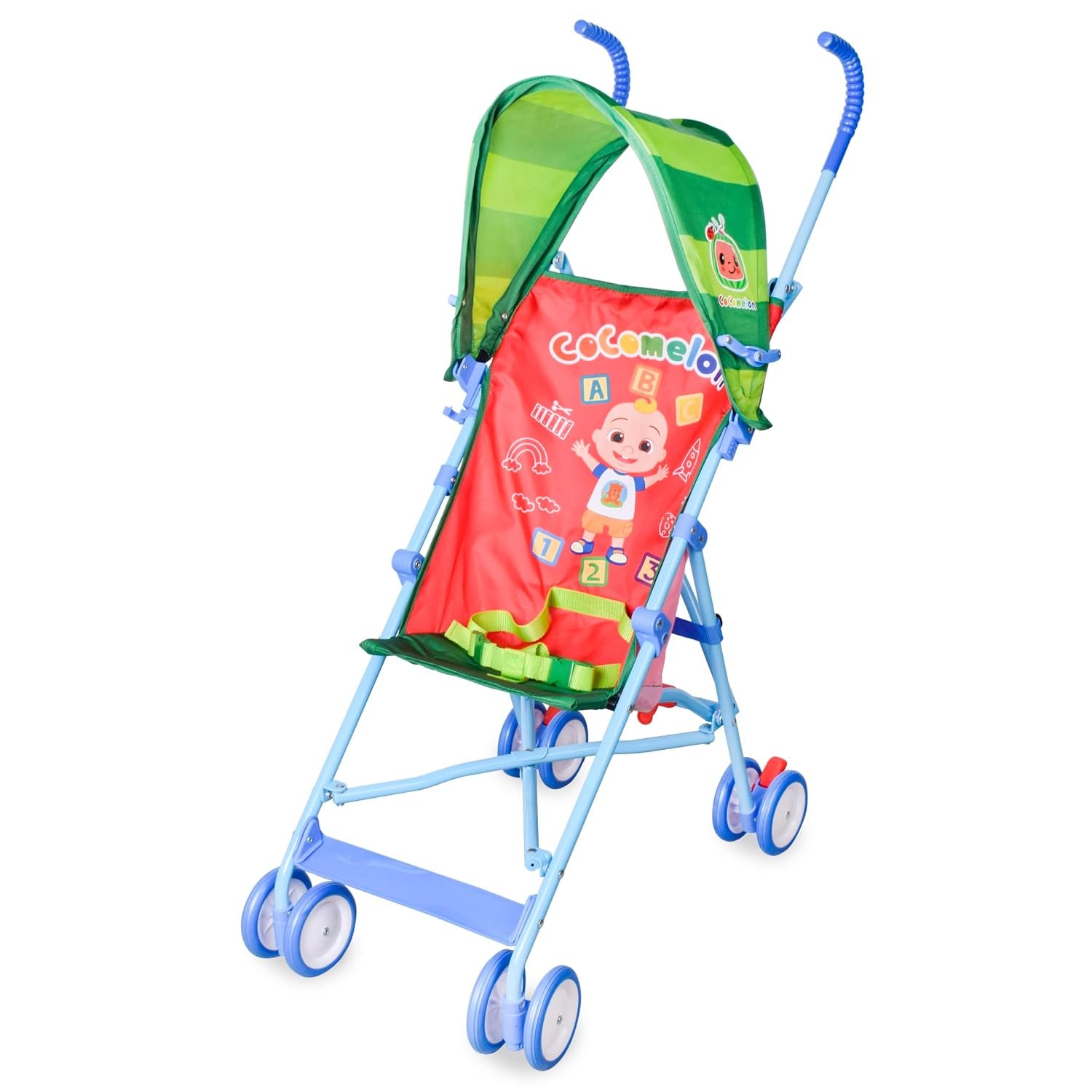 Sunny Days Entertainment CoComelon Official Umbrella Stroller with Canopy – Red Travel Stroller for Newborns Toddlers and Kids, Large | Alloy Steel Frame, 3 Point Harness, Rear Locking Brakes, 8 Wheels, 33 lb Capacity, 6-36 Months, Folds 43.75 x 7 x 5 in