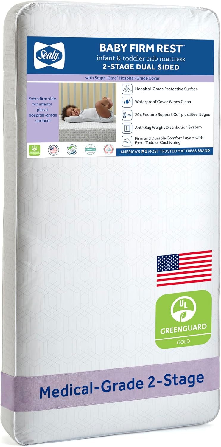 Sealy Baby Infant & Toddler Crib Mattress, Firm Rest 2 Stage, 204 Coils, Waterproof Breathable, Non Toxic, GREENGUARD GOLD Certified, Made in USA, 52×28