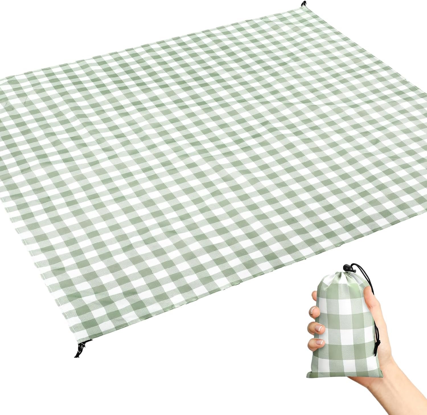 HunnmingRe Gingham Pocket Picnic Blanket Lightweight Portable Compact Beach Mat 55 x 60inch Foldable Fits into Small Bag Sandproof Waterproof Quick Dry Outdoor Blanket for Hiking Camping Travel Green