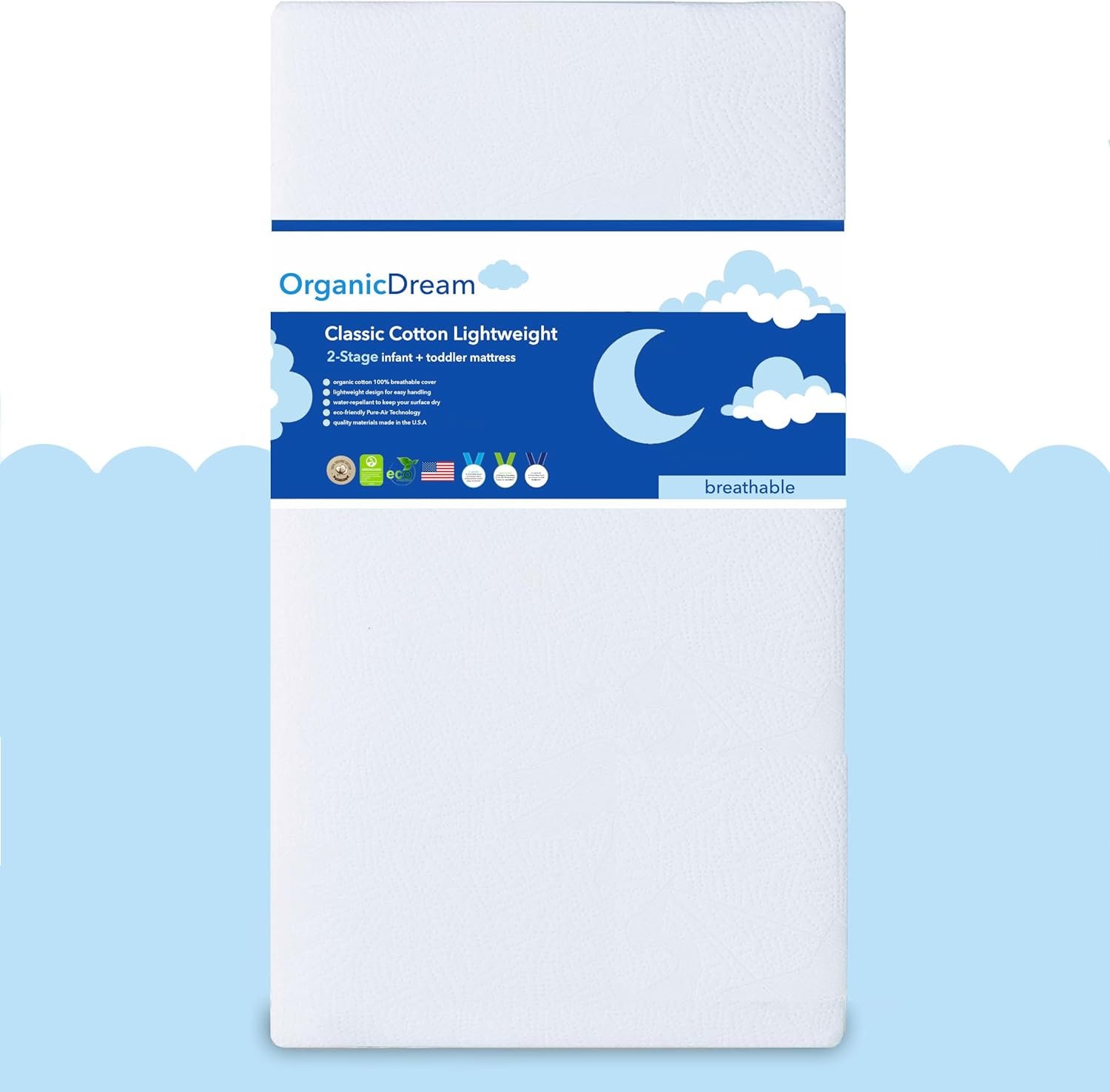 ORGANICDREAM Crib Mattress + Toddler Bed – 100% Breathable Proven to Reduce Suffocation Risk, Hypoallergenic, GREENGUARD Certified – Lightweight 2-Stage Removable Cover – Deluxe 6″ Thick – White