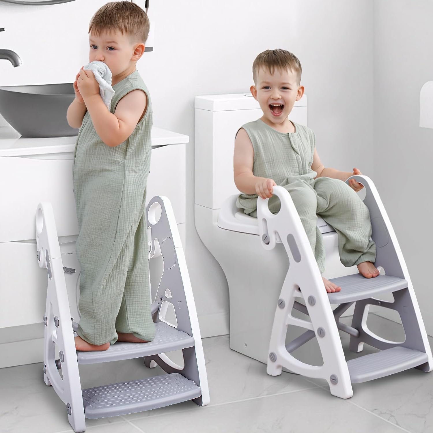 Primlect Potty Training Toilet, 2-in-1 Stable Potty Seat with Step Stool | Adjustable Seat and Step Height, Extra Wide Step, Anti-Slip Pad, Splash Guard, for Boys and Girls, Grey