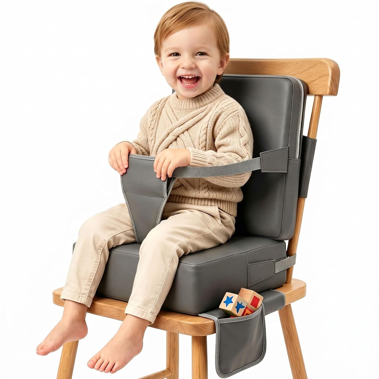 Booster Seat for Kitchen Chair, Non-Slip Toddler Booster Seat for Dining Table with Backrest, Adjustable Straps, Portable Travel Toddler Booster Seat with Storage Bag, Grey
