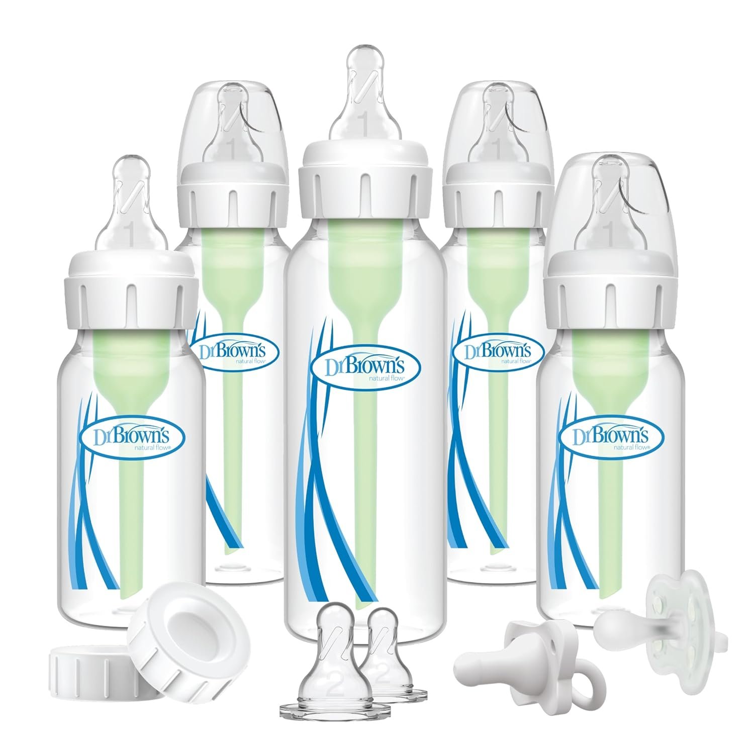 Dr. Brown’s Natural Flow Anti-Colic Options+ Narrow Baby Bottle Gift Set with Advantage Pacifier & Bottle Travel Caps, 0m+