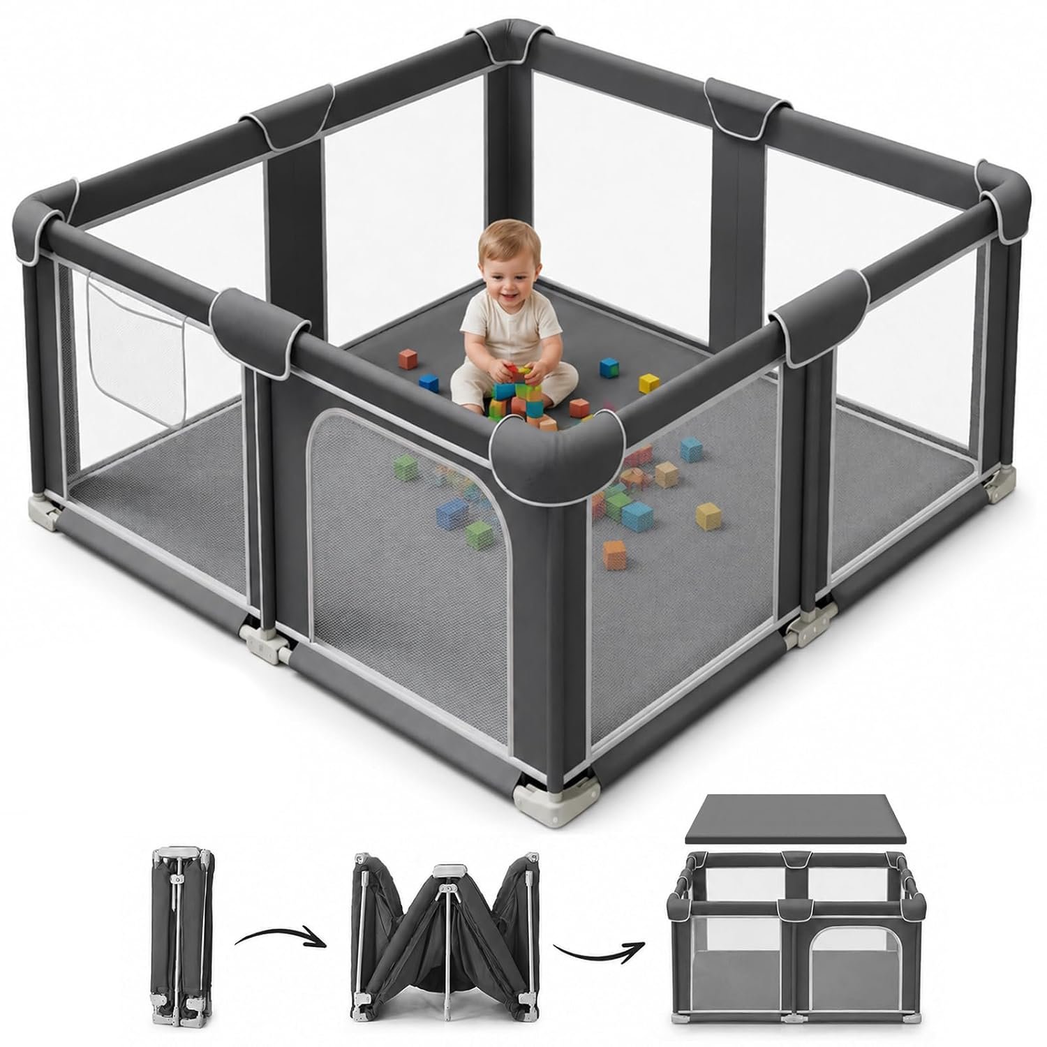 Foldable Playpen for Babies and Toddlers, 50″x50″ Portable Play Yard with Mat, Kids Collapsible Play Pen with Sturdy Metal Frame & Mesh Walls, Indoor & Outdoor Baby Fence Play Area