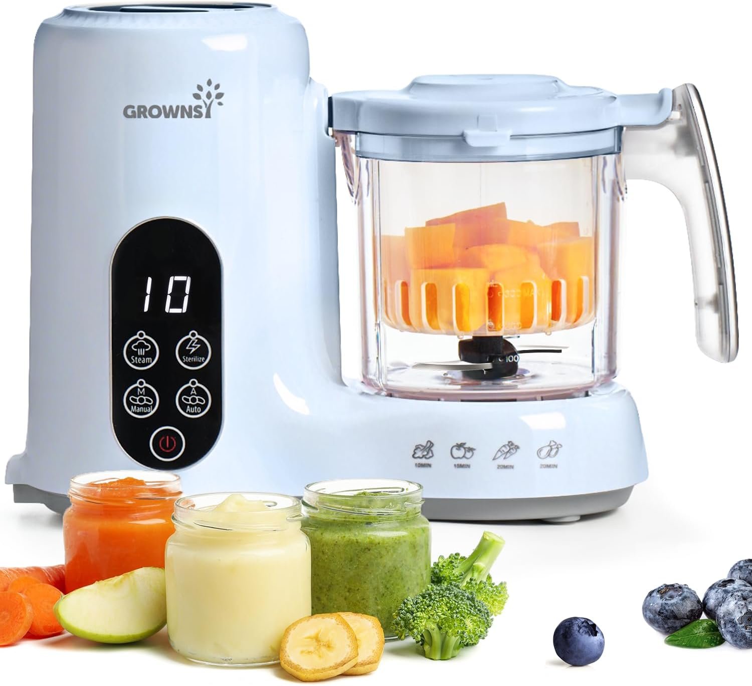 Grownsy Baby Food Maker, Steamer & Blender Baby Food Processor, Blue | BPA-Free Elevated Steam Basket, Healthy Homemade Baby Food Purees, Starting Solids & BLW, Baby Feeding Essentials, 6+ Months
