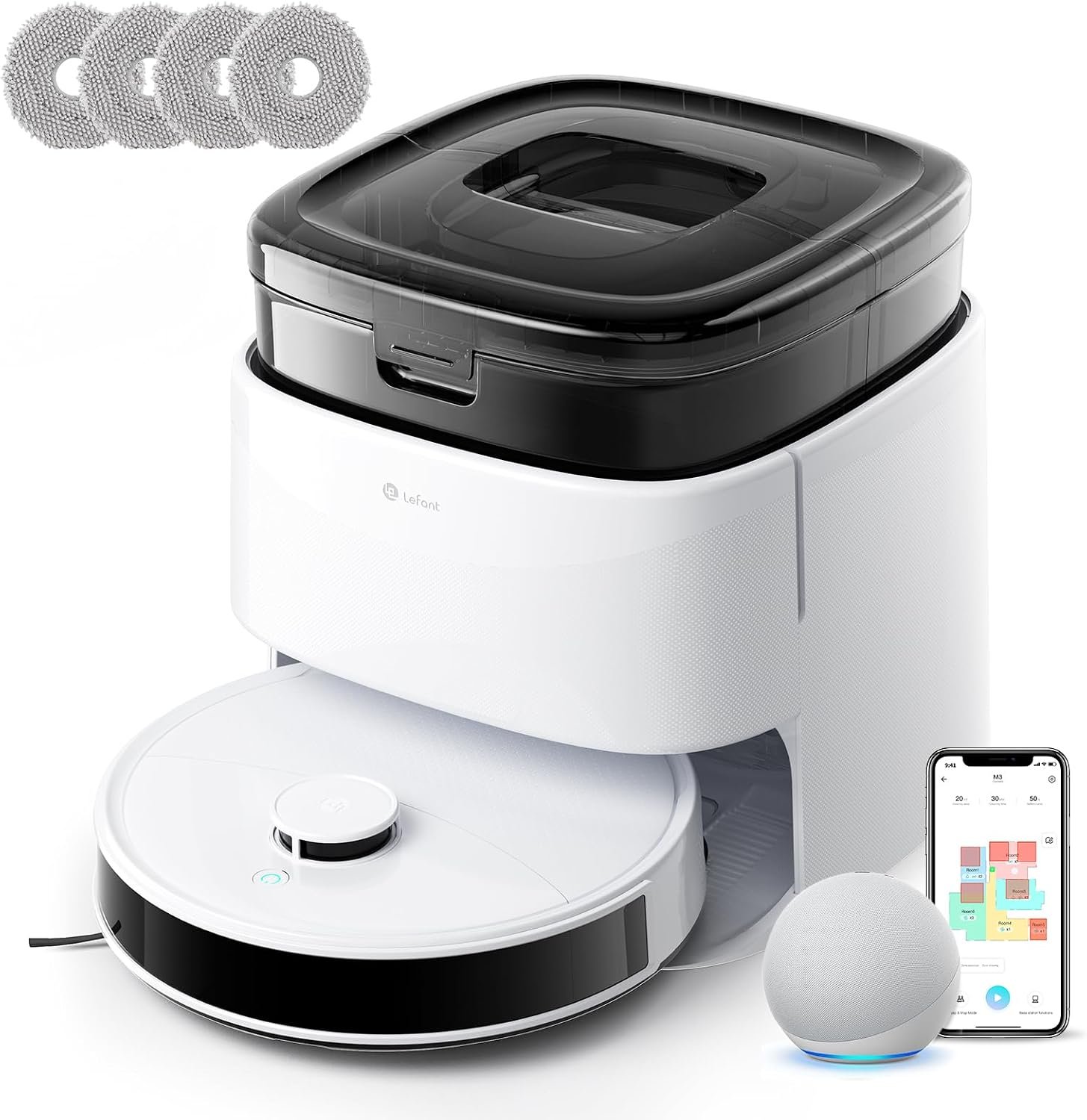 Lefant Robot Vacuum and Mop, 12000Pa Suction, 90-Day Self-Emptying, Obstacle Avoidance, Auto Mop Washing&Drying, All-in-One for Pet Hair Carpet, 5G WiFi Alexa/APP/iWatch Control, M3