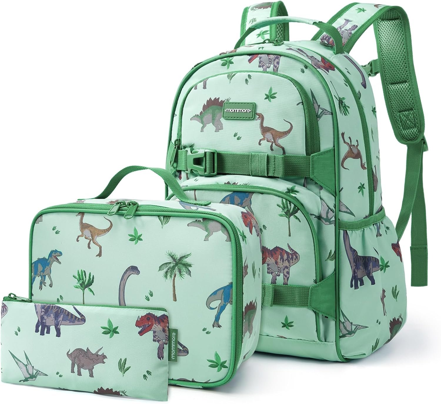 mommore Kids Backpack for Boys 4-8 with Lunch Box Elementary Kindergarten Preschool School Backpack 15” Fit Folders Bottles, Green Dinosaur