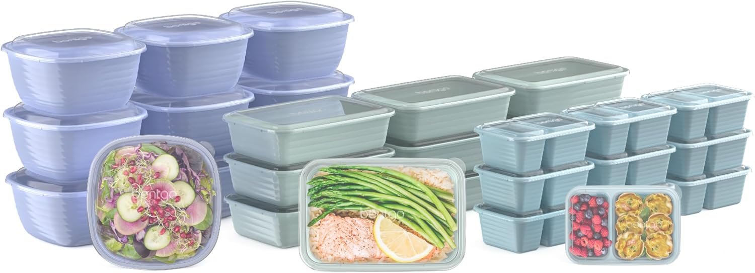 Bentgo Prep Variety Kit, 60 Piece, Reusable Trays, Bowls & Snack Boxes | Portion Control, Stackable, Custom-Fit Lids, Microwave, Freezer & Dishwasher-Safe, PFAS & BPA-Free (Floral Pastels)