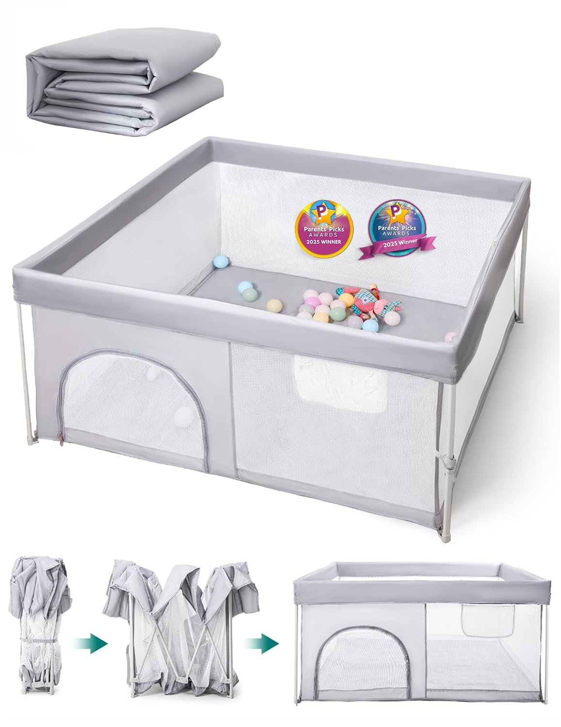 Babelio Foldable Baby Playpen with Mat, Snap-Play, 46″ × 46″ | No Assembly Required, Portable Playard for Babies and Toddlers, Indoor & Outdoor Kids Safety Play Pen Area, Travel Fence