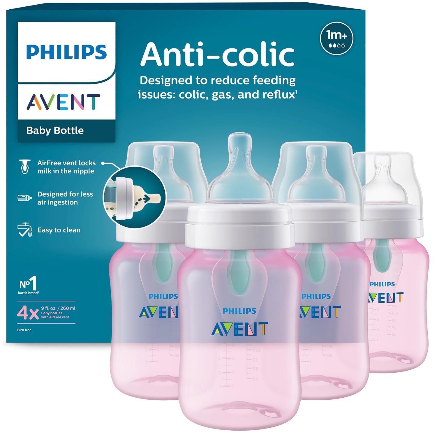 Philips Avent Anti-Colic Baby Bottle with AirFree Vent, Medium Flow 2 Nipple, 1m+, 9oz, 4 Pack, Pink, SCY703/14