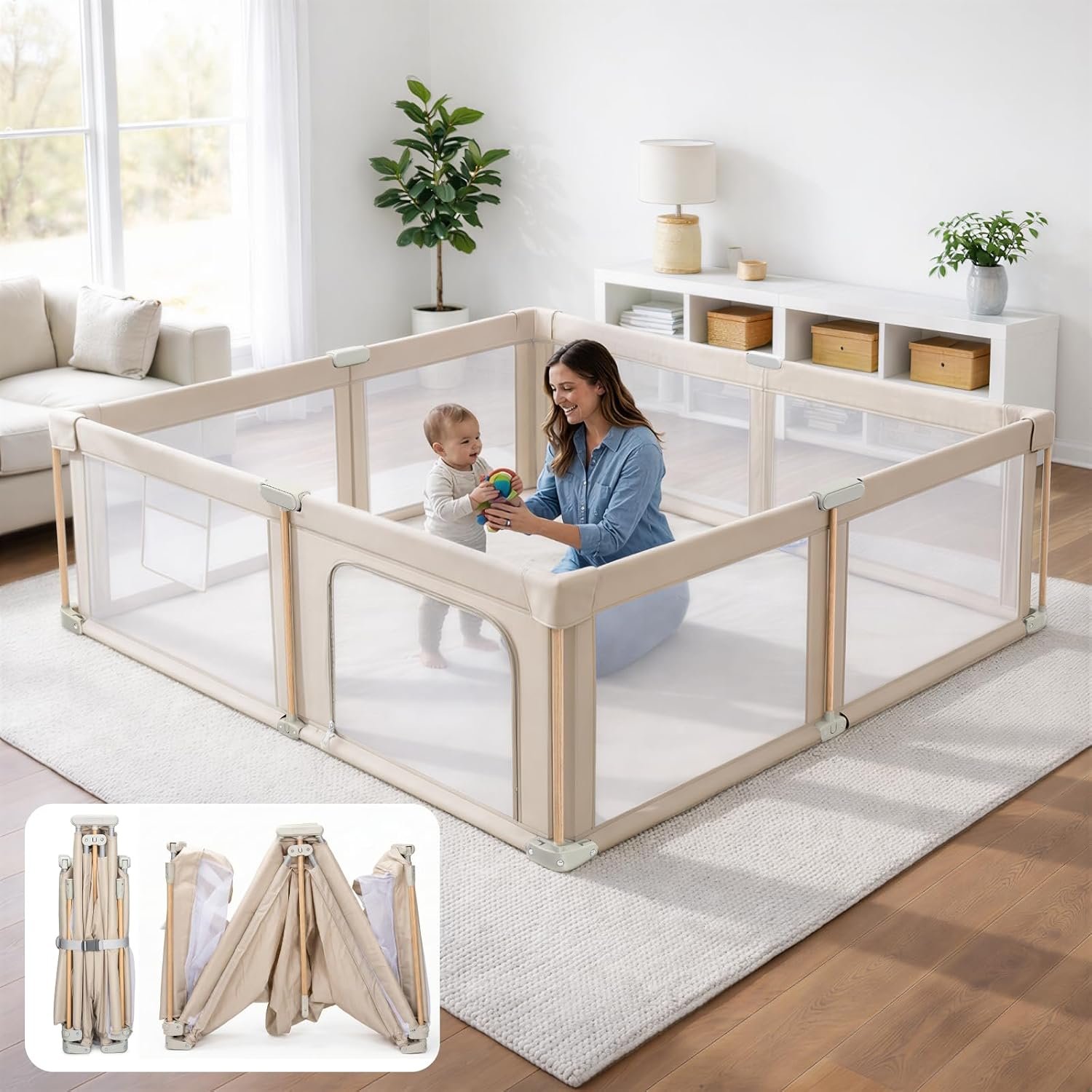 Foldable Baby Playpen with Mat, Foldable Baby Fence Play Yards for Babies and Toddlers, Play Pen with Breathable Mesh and Anti-Fall Pads (71″×59″)