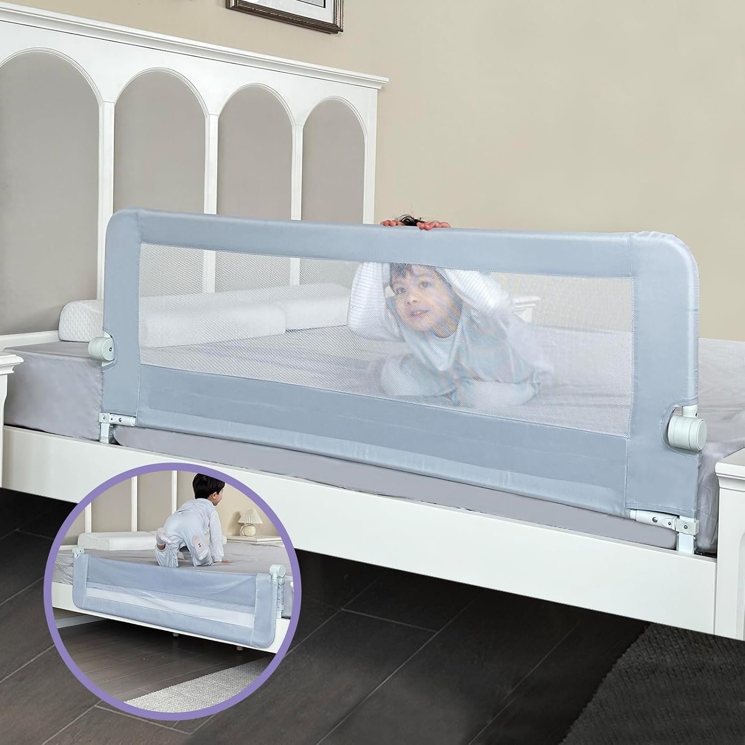 Grelife Foldable Bed Rail for Toddlers, Tall Toddler Bed Rails for Twin, Full, Queen Bed, Baby Bed Rail Guard with Reinforced Metal Frame & Breathable Mesh (1, Gray, 59.0″)