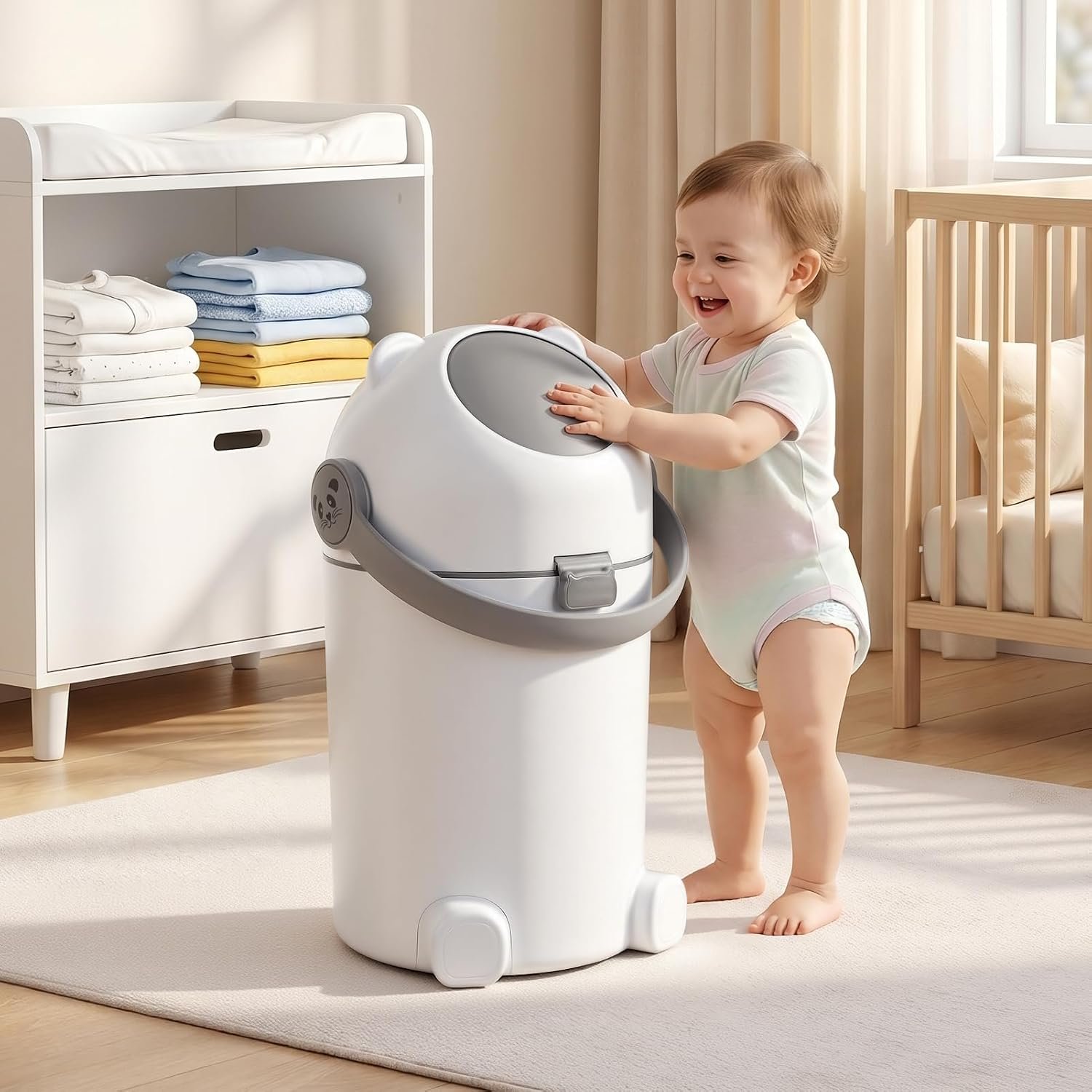 Odor Control Diaper Pail with Airtight Lid, 15L 4 Gallon Nursery Trash Can Holds 16 Diapers, One-Hand Operation Lightweight Plastic Diaper Bin for Baby Nursery Bathroom Bedroom