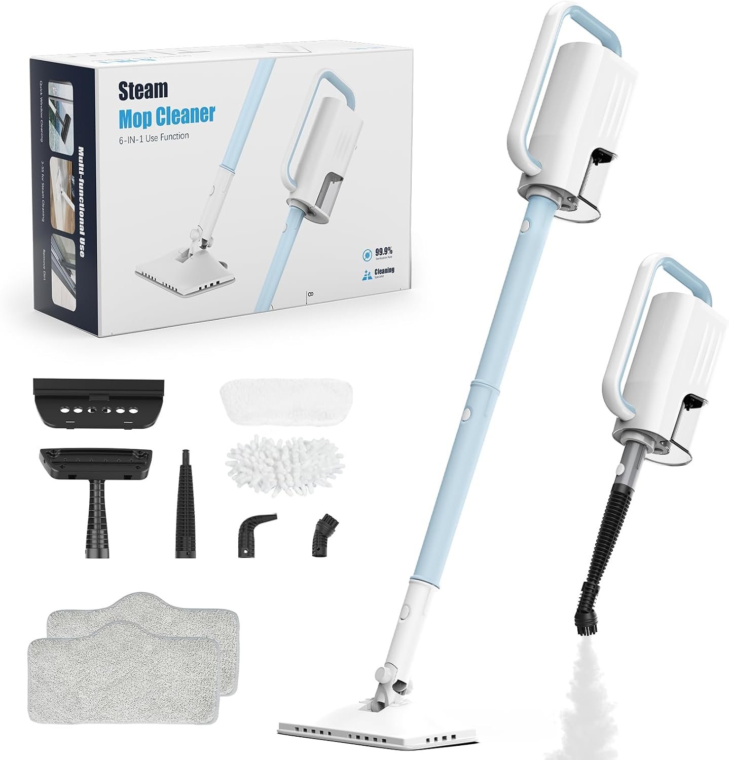Steam Cleaner, 6 in1 Rotated Steam Mop Cleaner with 2 Modes, 2 Microfiber Pads, 400ML Removable Tank, 23FT Power Cable, Detachable Steam Mops for Floor, Laminate Floor, Tiles Cleaning (Denim Blue)