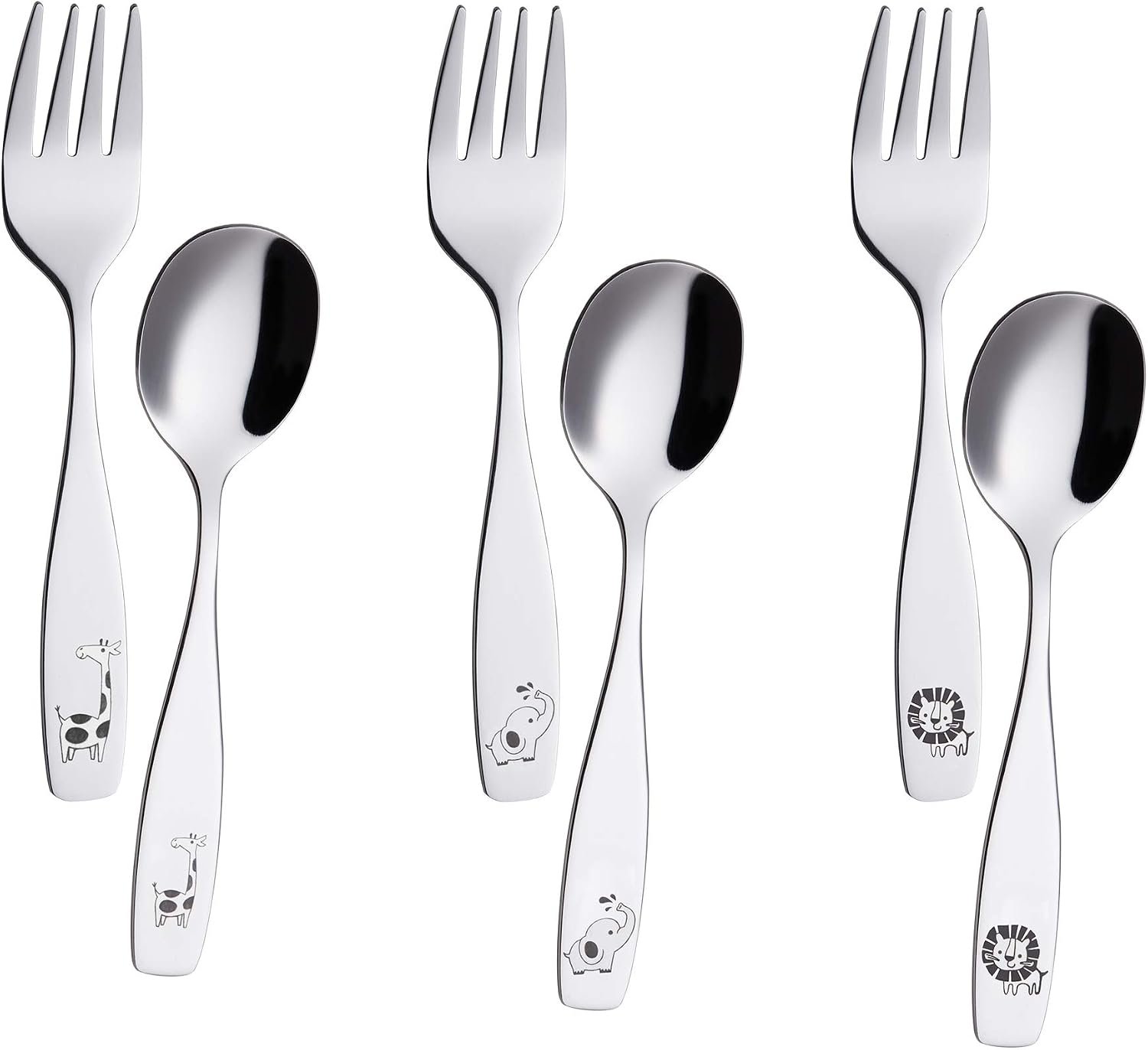 ANNOVA Kids Silverware 6 Pieces Children’s Safe Flatware Set Stainless Steel – 3 x Children Forks, 3 x Dinner Spoon, Toddler Utensils, for Lunchbox (Safari Animals Etched Elephant, Giraffe, Lion)